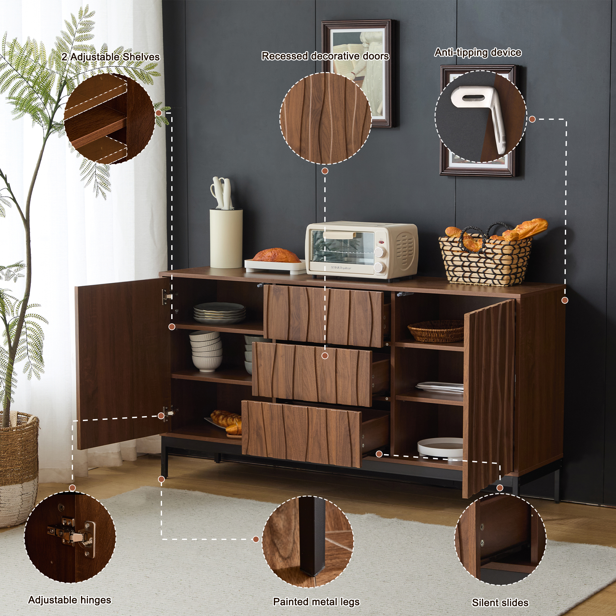 150x40x80cm Dark Oak Grain Sideboard, 3 Drawers, Large Kitchen Cabinet, Single — image 4