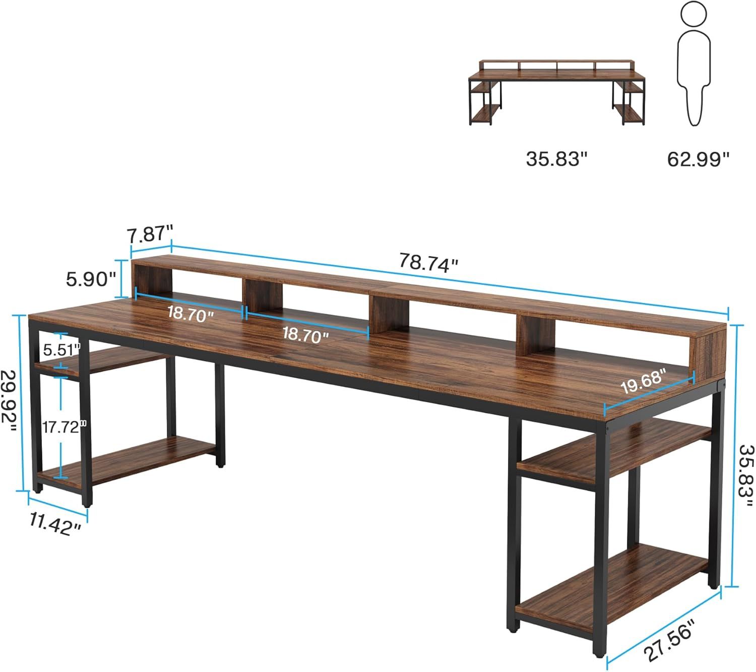 Two Person Desk With Monitor Stand, 78.74" Long Double Computer Office Desk With Storage Shelves, Large Gaming Study Writing Table 2