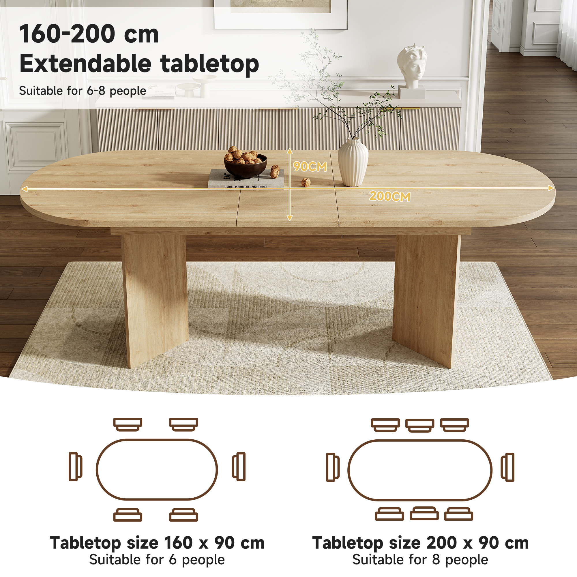 Extendable Dining Table 160-200 X90 Cm, Suitable For 6-8 People, With Rounded