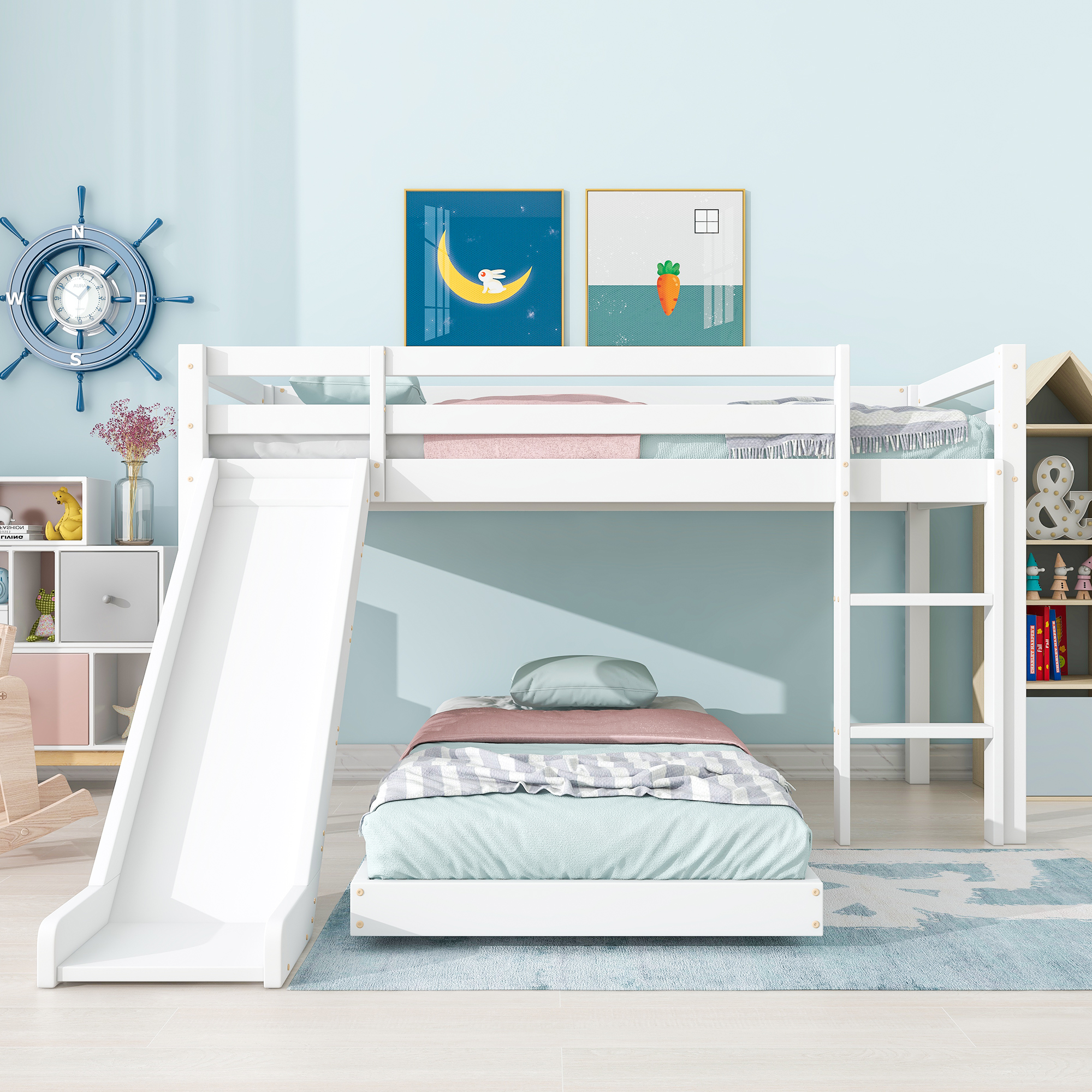 Children's Cabin Bed Frame With Slide & Ladder, Bunk For Kids Adjustable — image 5