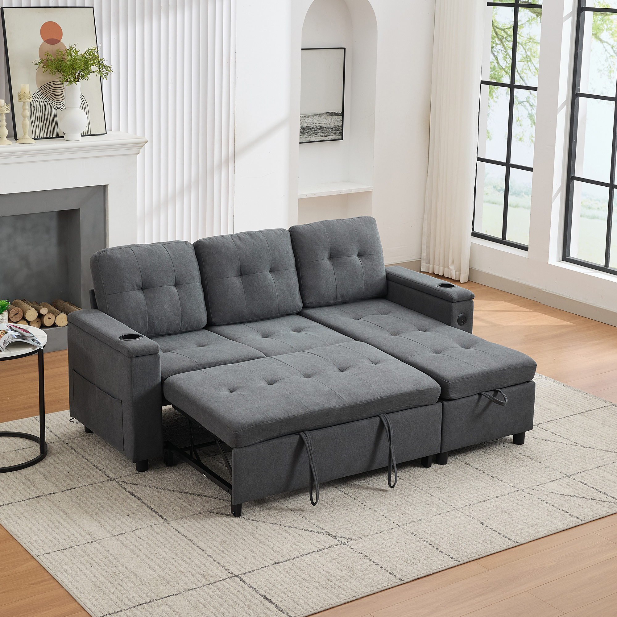 Grey L-shaped sofa bed with LED strip, USB ports and cup holders