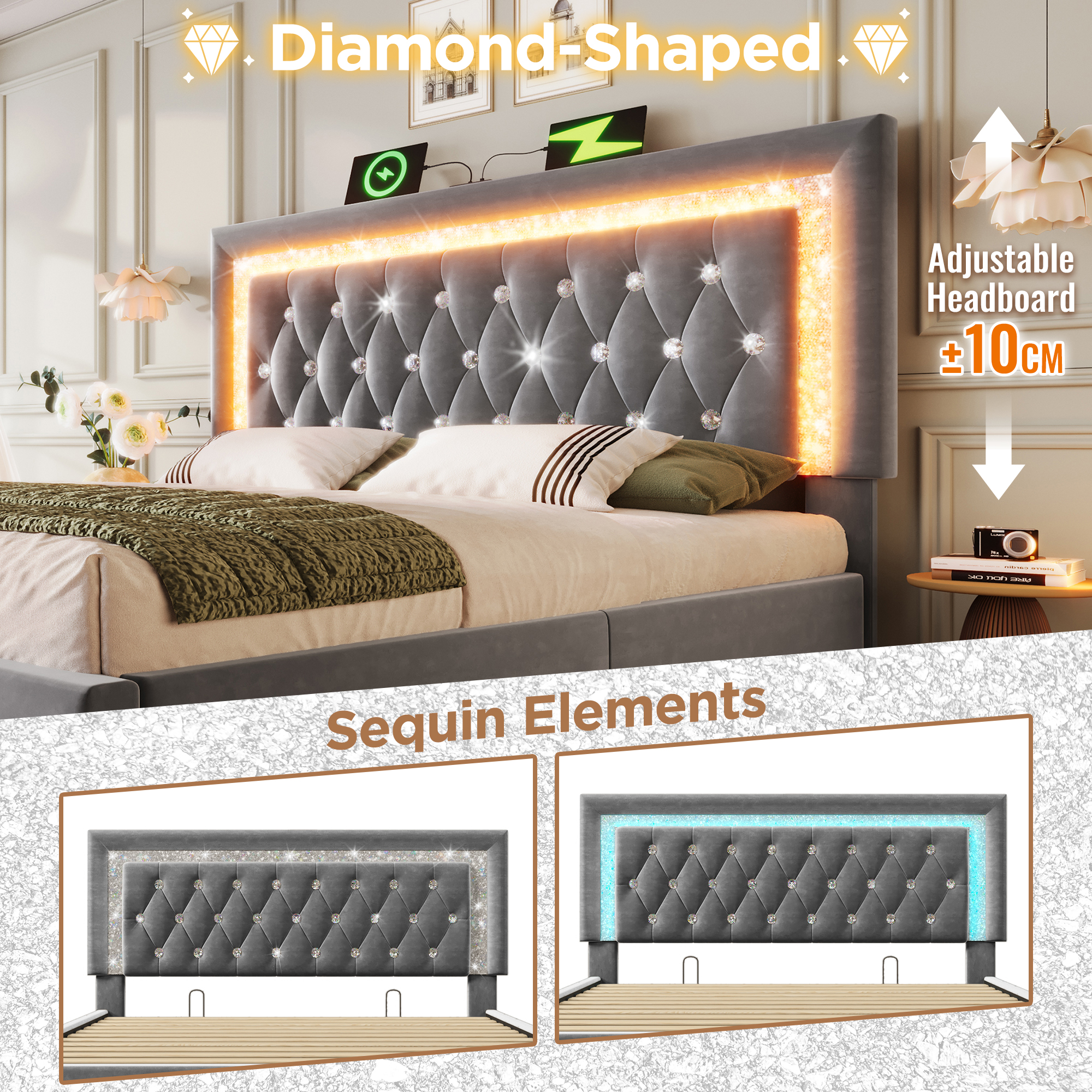 Upholstered Bed 180 X 200 Cm With LED Lighting, USB Type-C Charging, 6ft Hydraulic Storage Bed With Adjustable Diamond Tufted Headboard, Velvet, Grey No Mattress