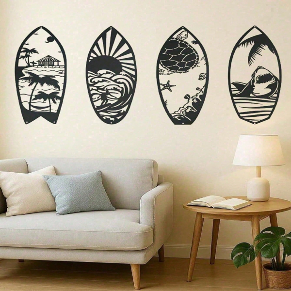 CIFbuy 4 Piece Metal Surfboard Wall Art Coastal Beach House Decor Modern Sculpture For Living Room Bedroom Kitchen Gift(TikTok, Temu Pick-up Service)