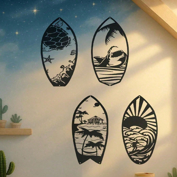 CIFbuy 4 Piece Metal Surfboard Wall Art Coastal Beach House Decor Modern Sculpture For Living Room Bedroom Kitchen Gift(TikTok, Temu Pick-up Service)