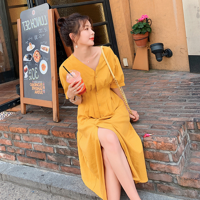 New French Retro Over-the-knee Yellow Dress Women's
