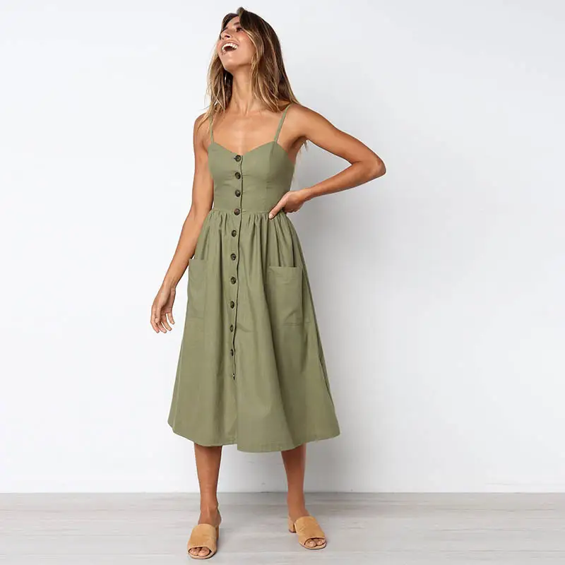 New Women's Single-breasted Cotton Linen Sleeveless Dress