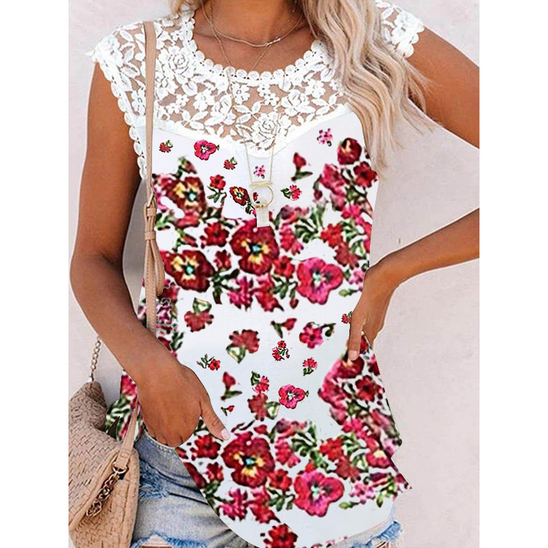 Summer Print Crew Neck Lace Trim Casual Loose Women's Tank Top