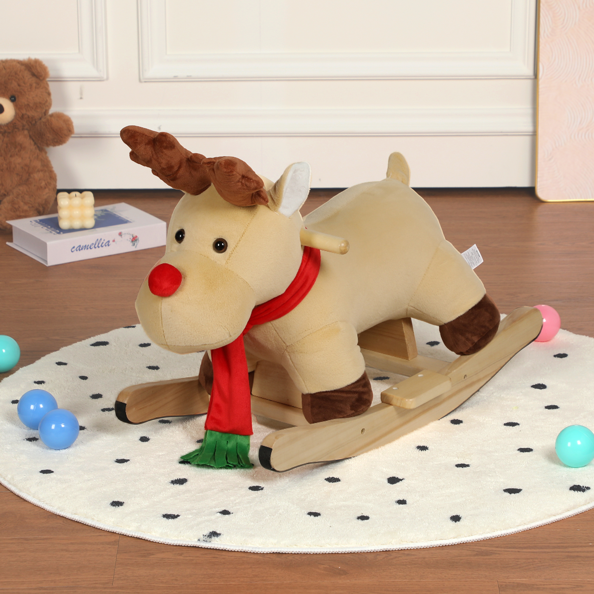 Kids Ride-On Rocking Horse Toy With Lullaby Song,Moose Rocking Toy With Hand Puppets And Safety Belt For Children 1-3 Years,Soft Plush Fabric,Apricot,CPC Certified