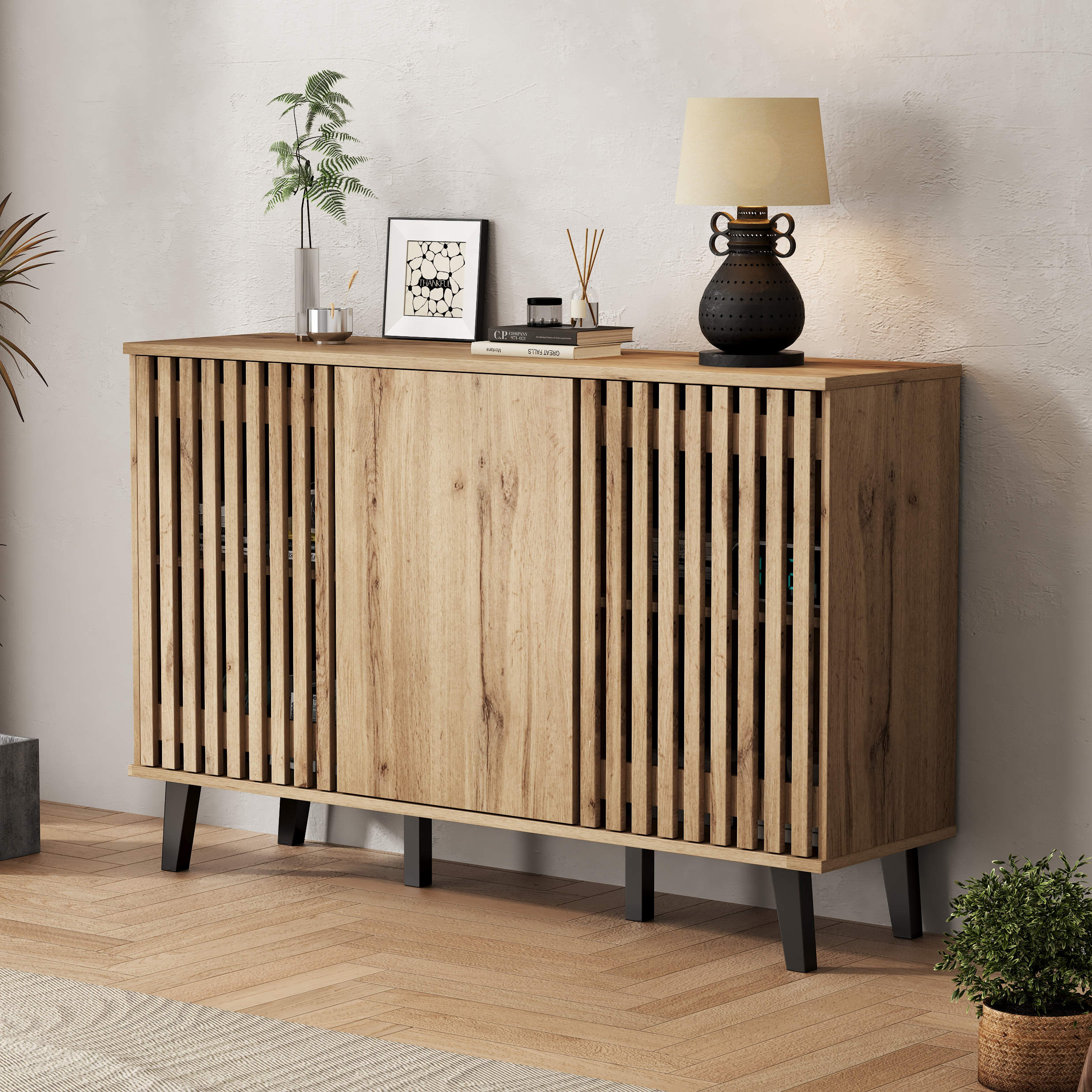 Modern Vintage Storage Cabinet, Sideboard Buffet With 3 Doors, Side Unique