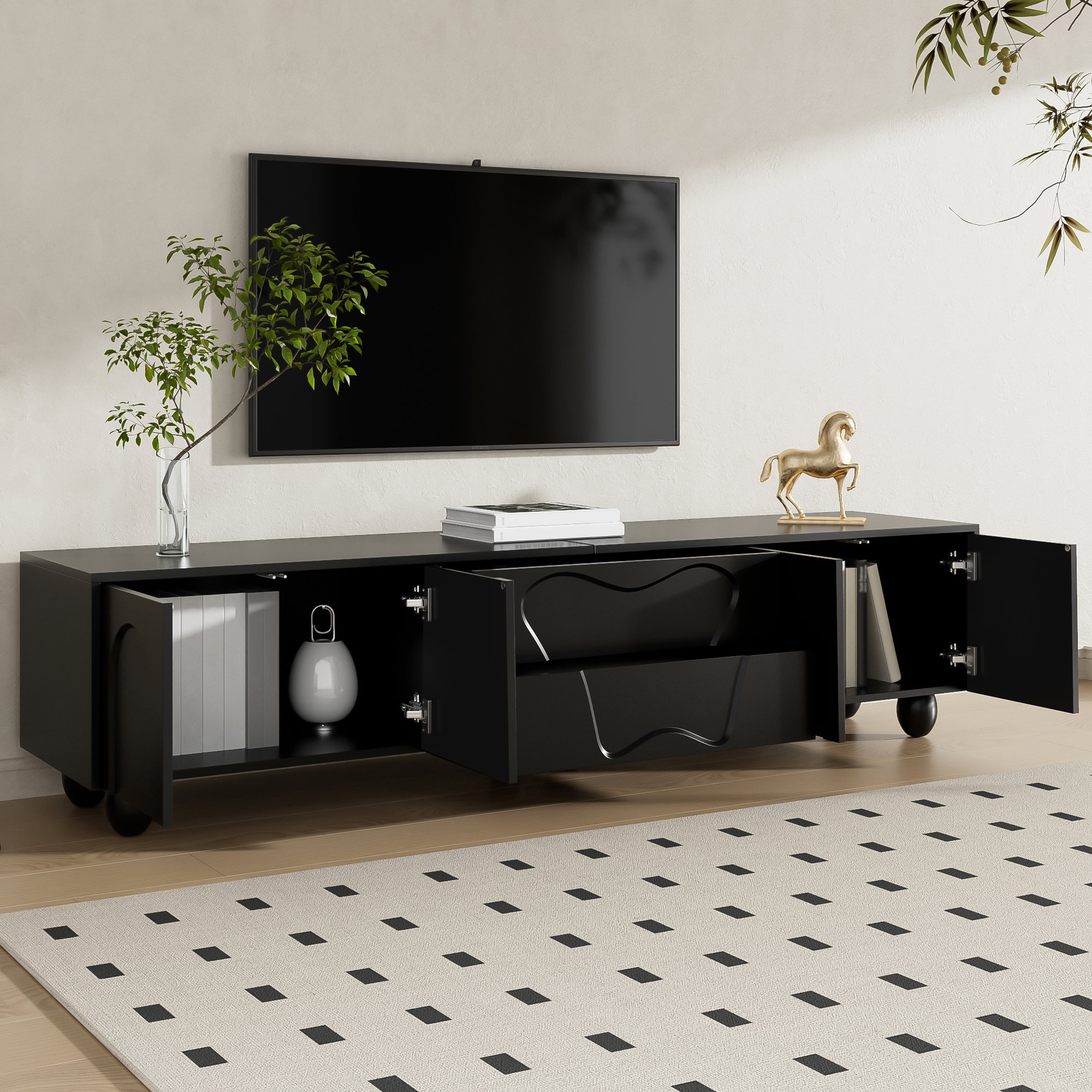 180 Cm Black TV Cabinet With Wooden Legs A Minimalist And Elegant TV Ample — image 4