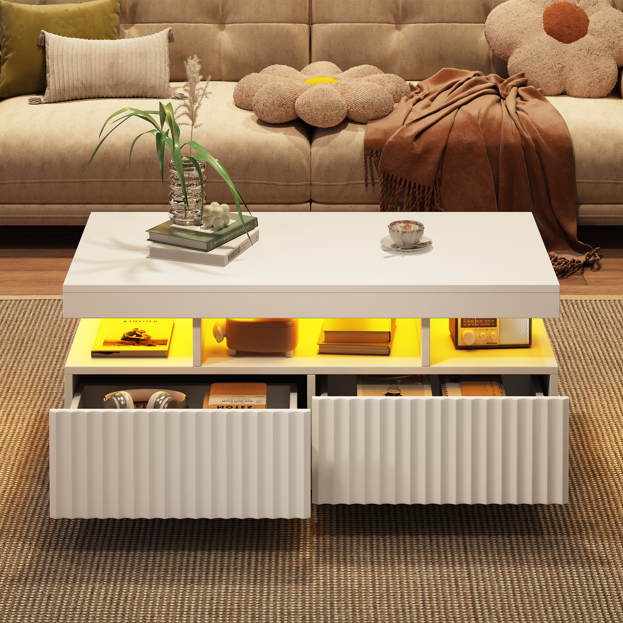 Coffee Table With LED Lights, 2drawers, Ribbed Decorative Centre Sofa Side