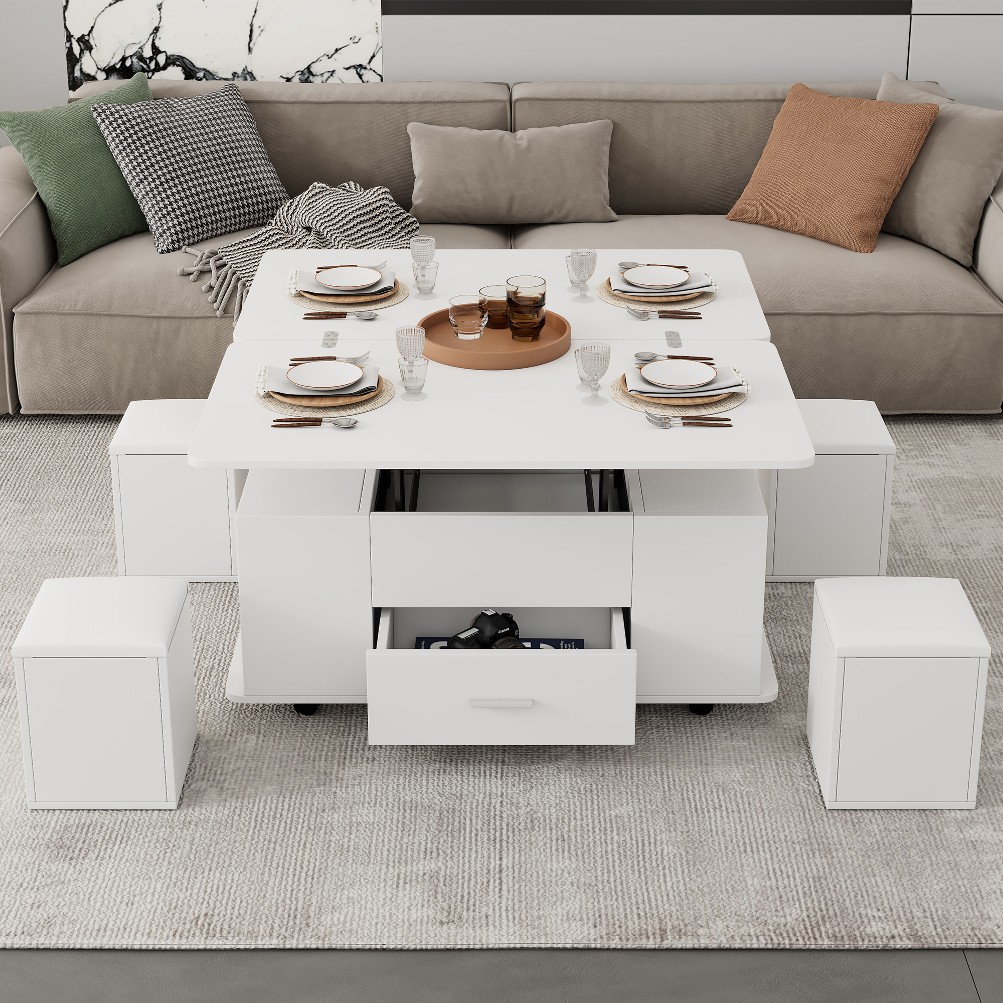 Lift Top Coffee Table With Wheels, Convertible Dining & Work 4 Stools, Hidden — image 5