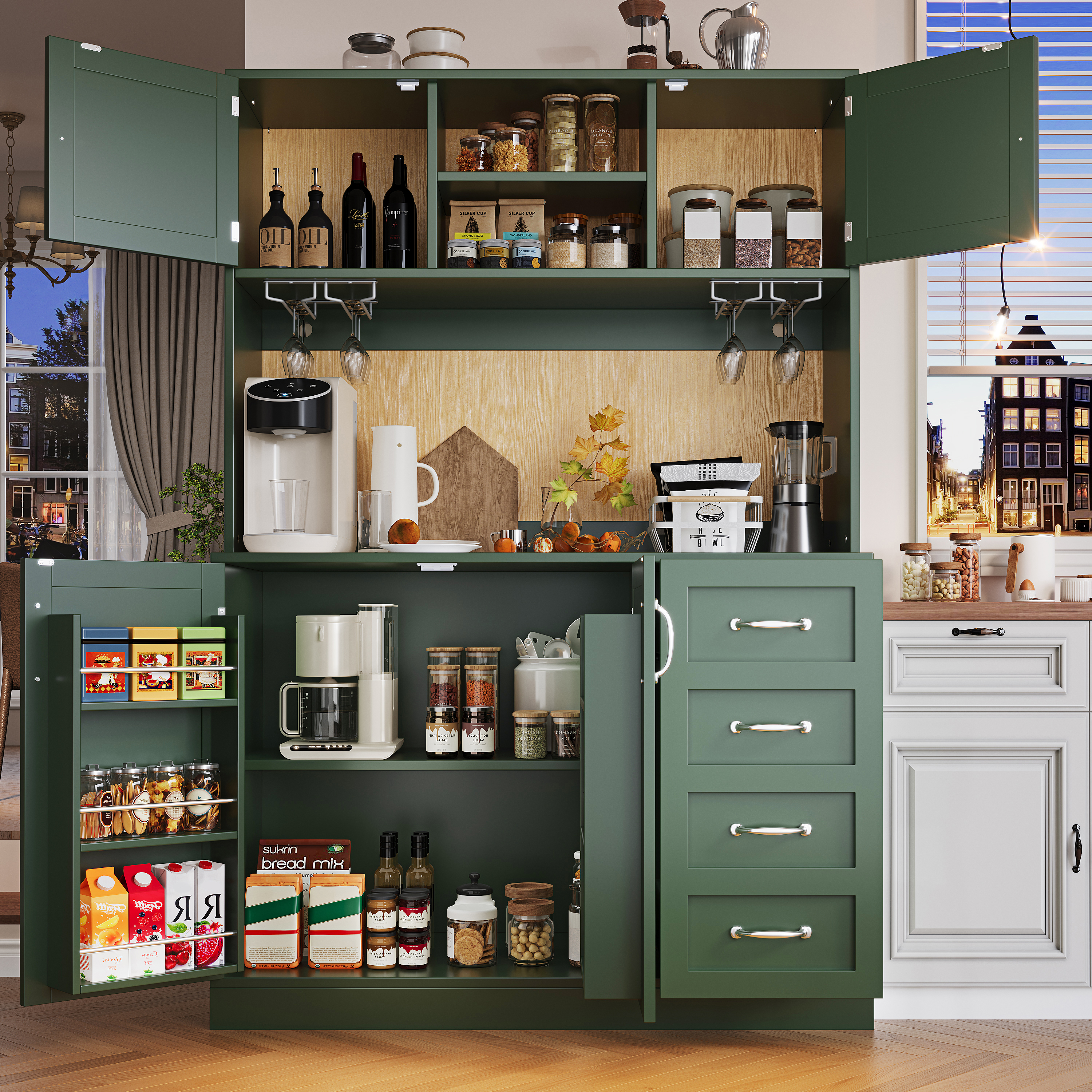 Sideboard Storage Cabinet  Kitchen Cabinet  Buffet Cabinet, 120x40x188cm, With LED Lighting, Snack Rack & Drink Holders, 4 Doors & 2 Large Drawers, Green White