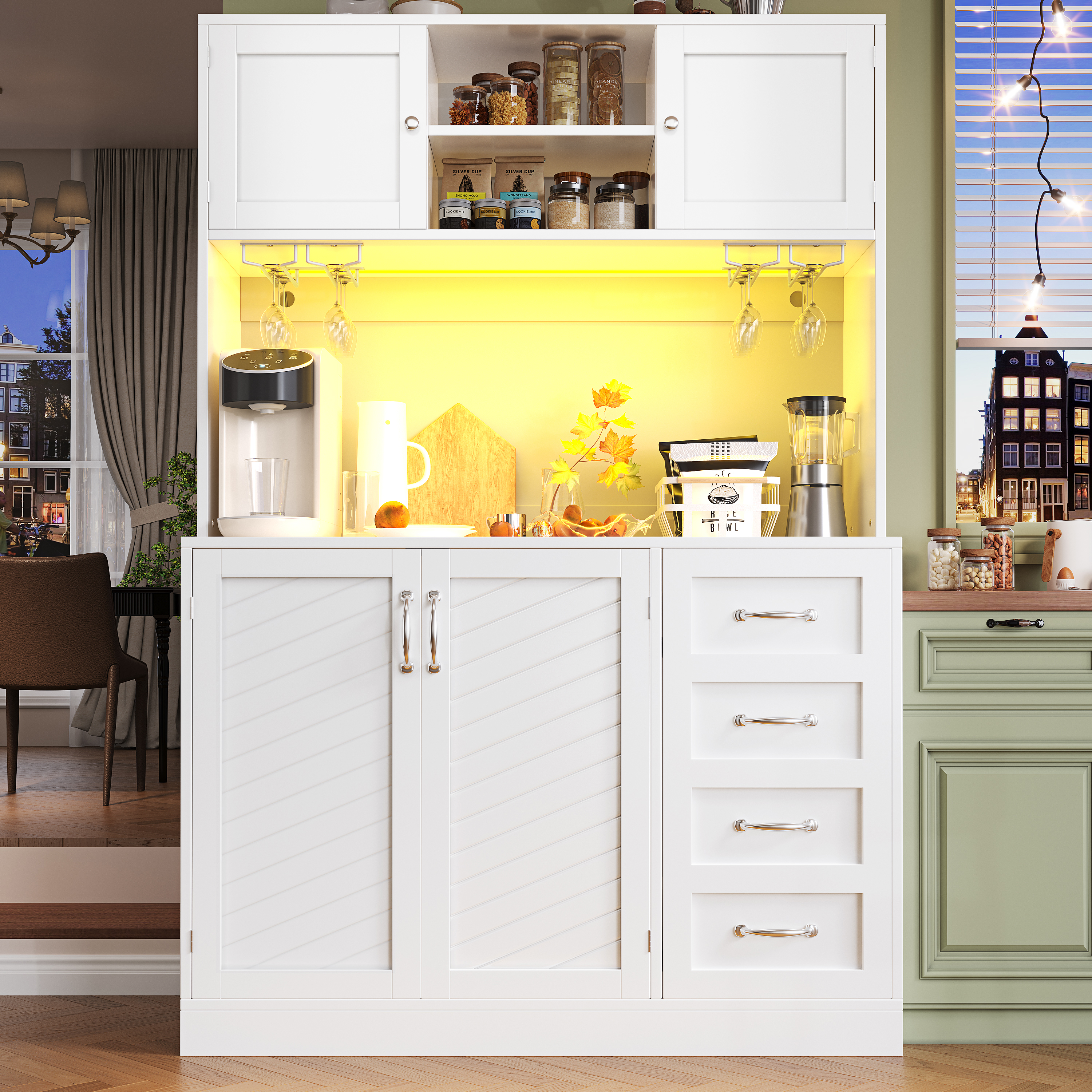 Sideboard  Storage Cabinet  Kitchen Cabinet  Buffet Cabinet, 120x40x188cm, With LED Lighting, Snack Rack & Drink Holders, 4 Doors & 2 Large Drawers, Green White