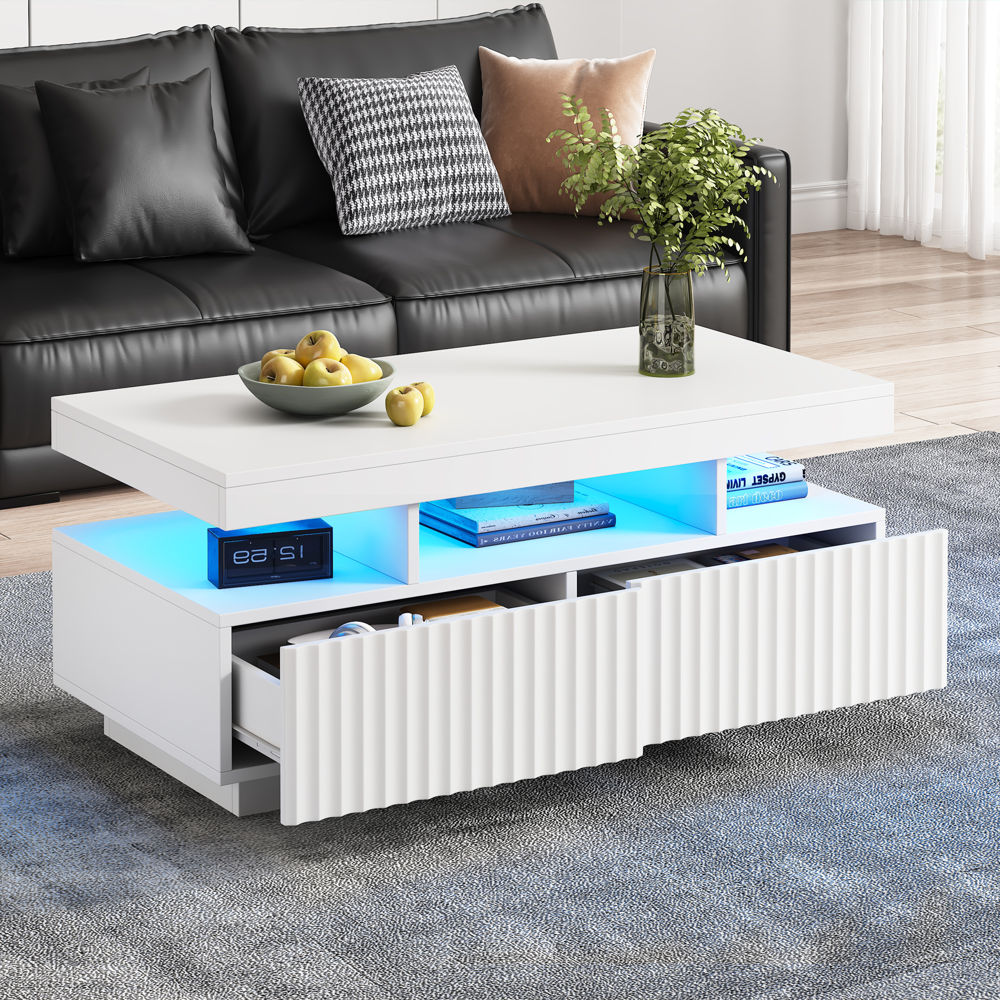 Coffee Table With LED Lights, 2drawers, Ribbed Decorative Centre Sofa Side — image 4