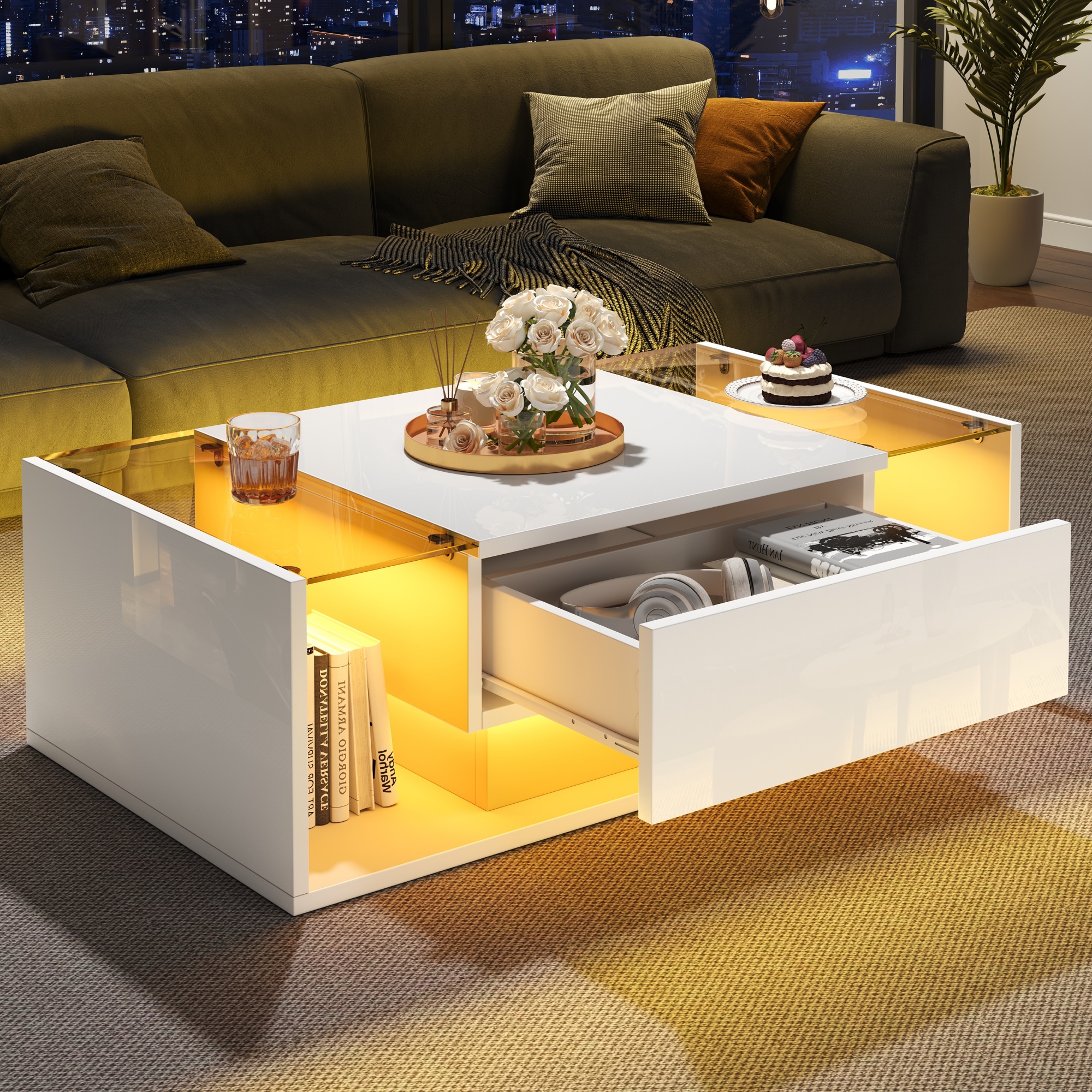 High Gloss Coffee Table With Open Storage, 1 Drawer, LED Lights, Centre Glass — image 5