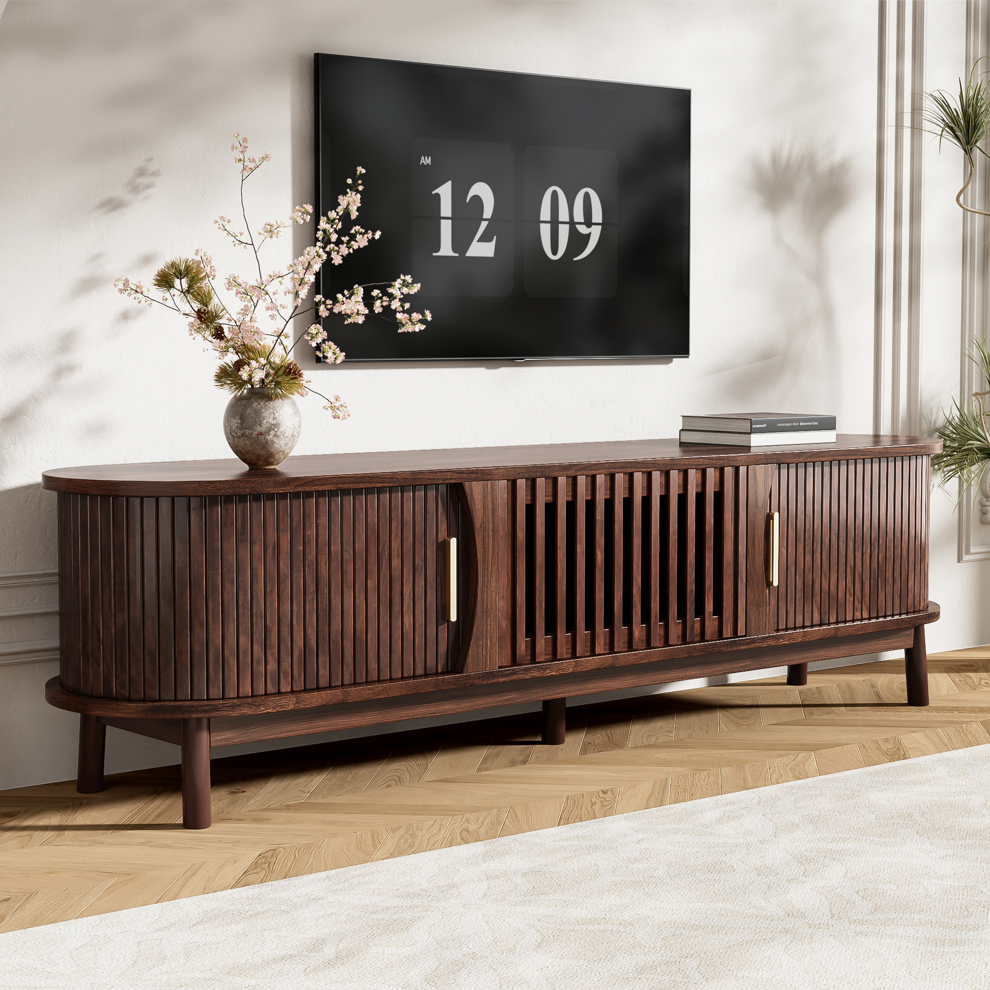 TV Stand With 2 Sliding Doors, 1Pull-down Door, Oval TV Cabinet Storage — image 2