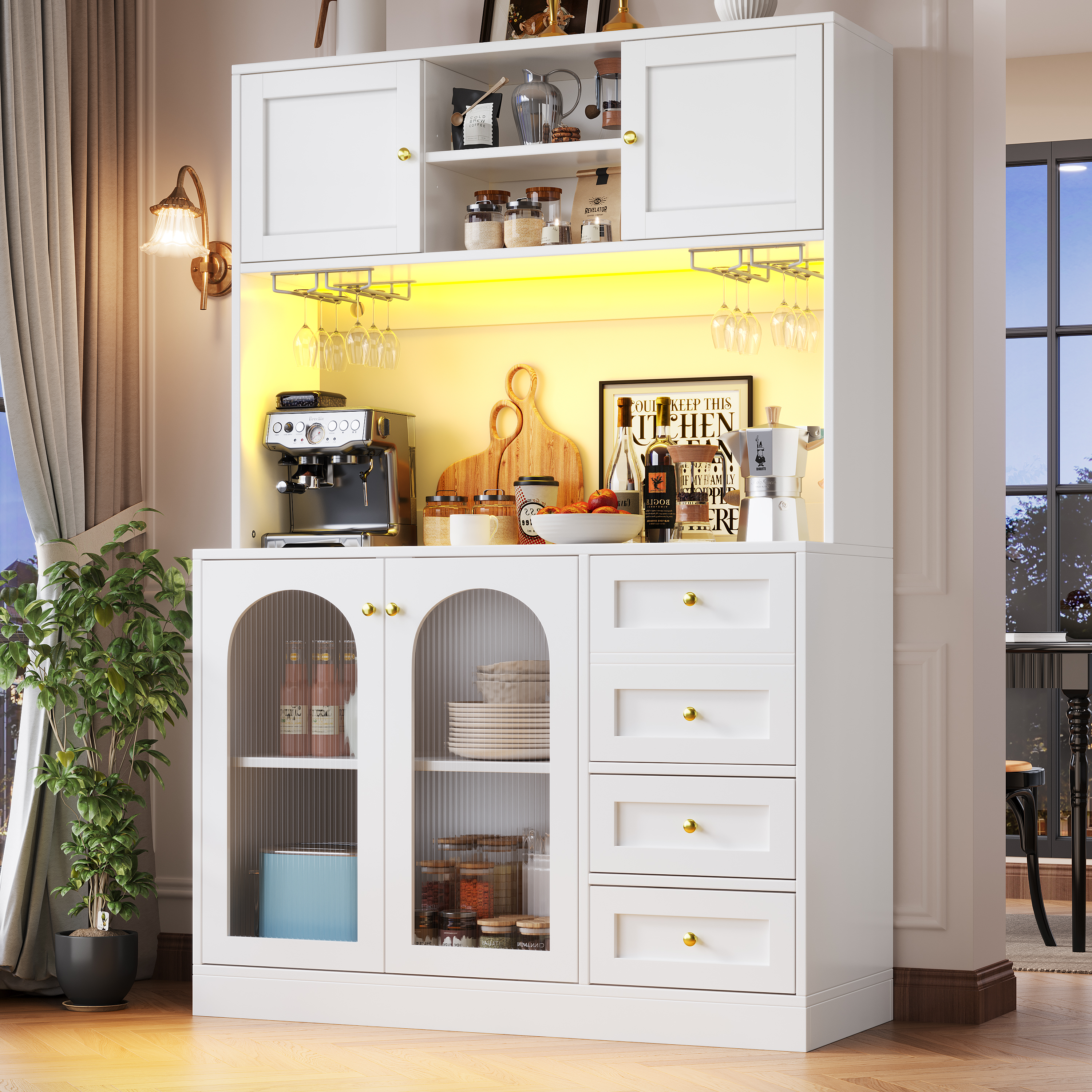 Sideboard  Storage Cabinet  Kitchen Cabinet  Buffet Cabinet, 120x40x188cm, Farmhouse Style, 4 Doors, With LED Light Strip & Drink Holders, Black White Fluted Glass Doors