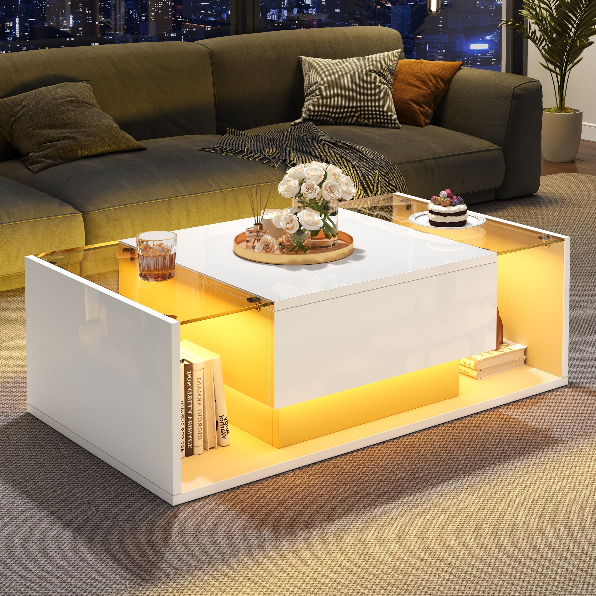 High Gloss Coffee Table With Open Storage, 1 Drawer, LED Lights, Centre Glass — image 2