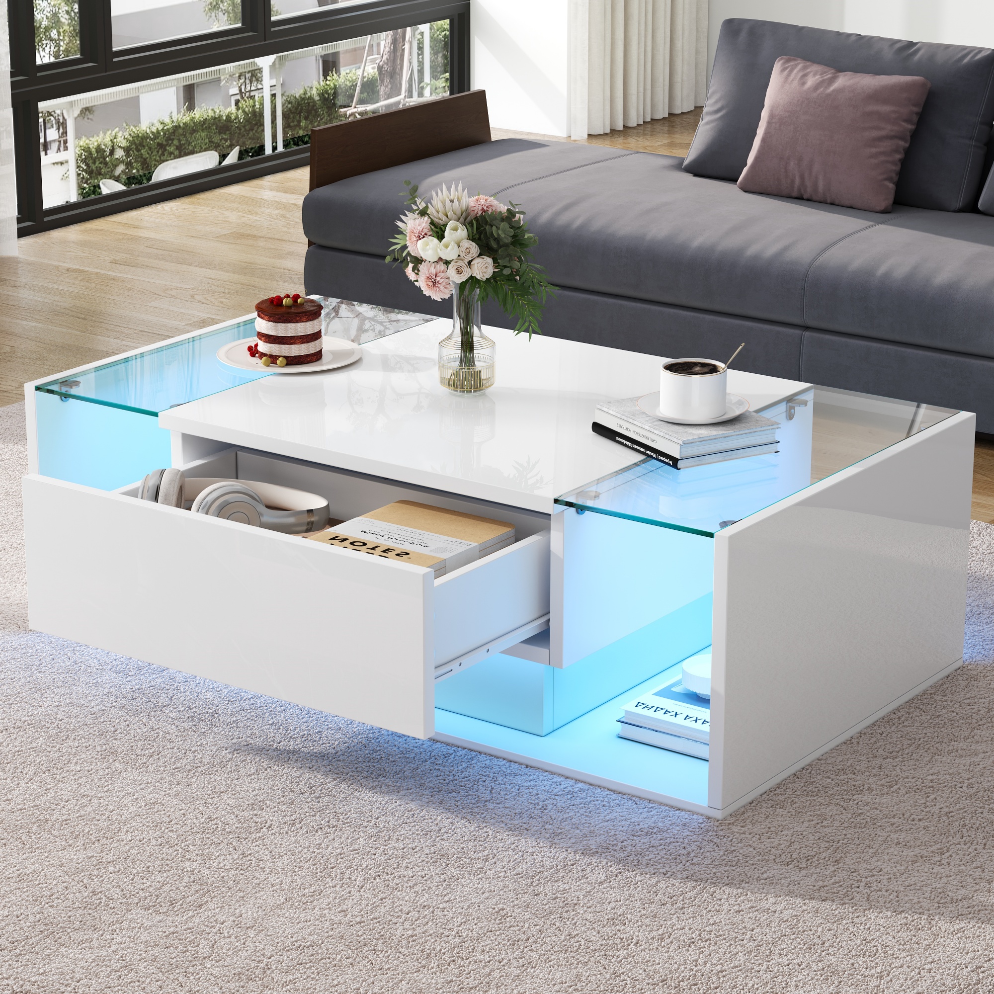 High Gloss Coffee Table With Open Storage, 1 Drawer, LED Lights, Centre Glass