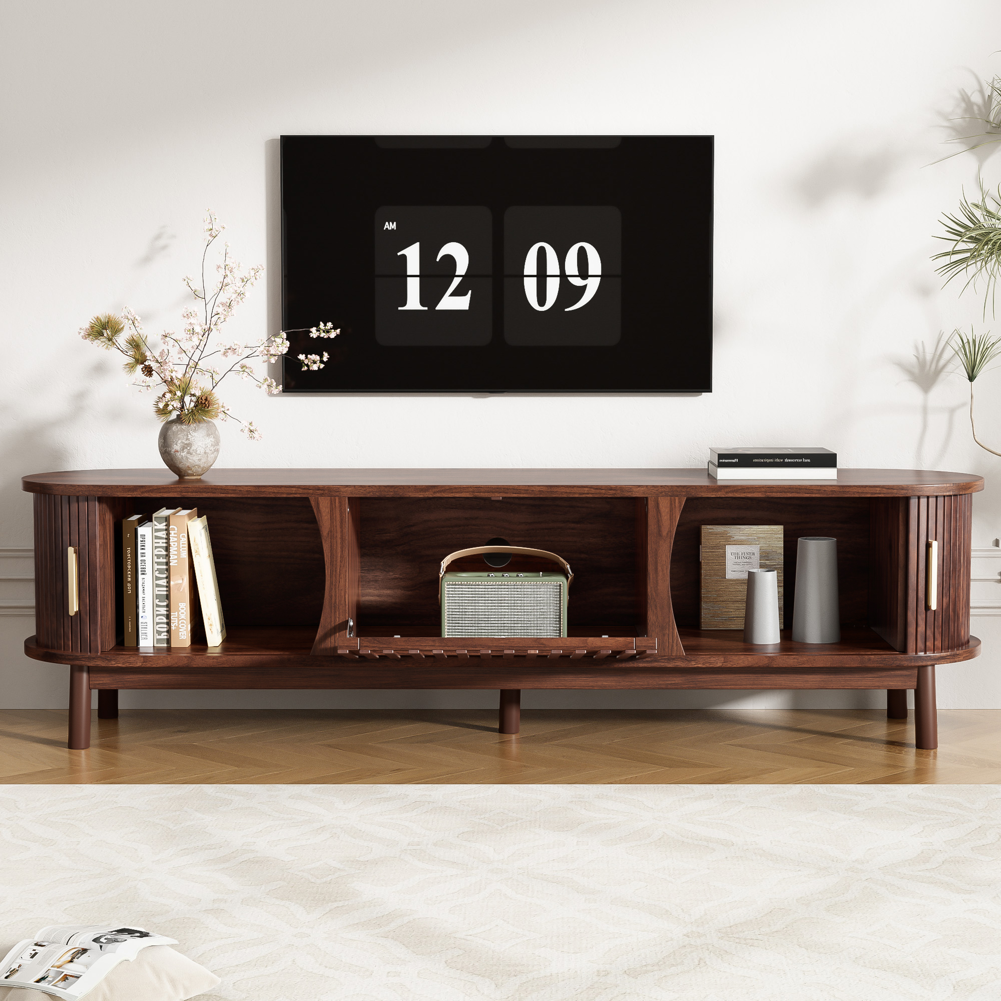 TV Stand With 2 Sliding Doors, 1Pull-down Door, Oval TV Cabinet Storage — image 3