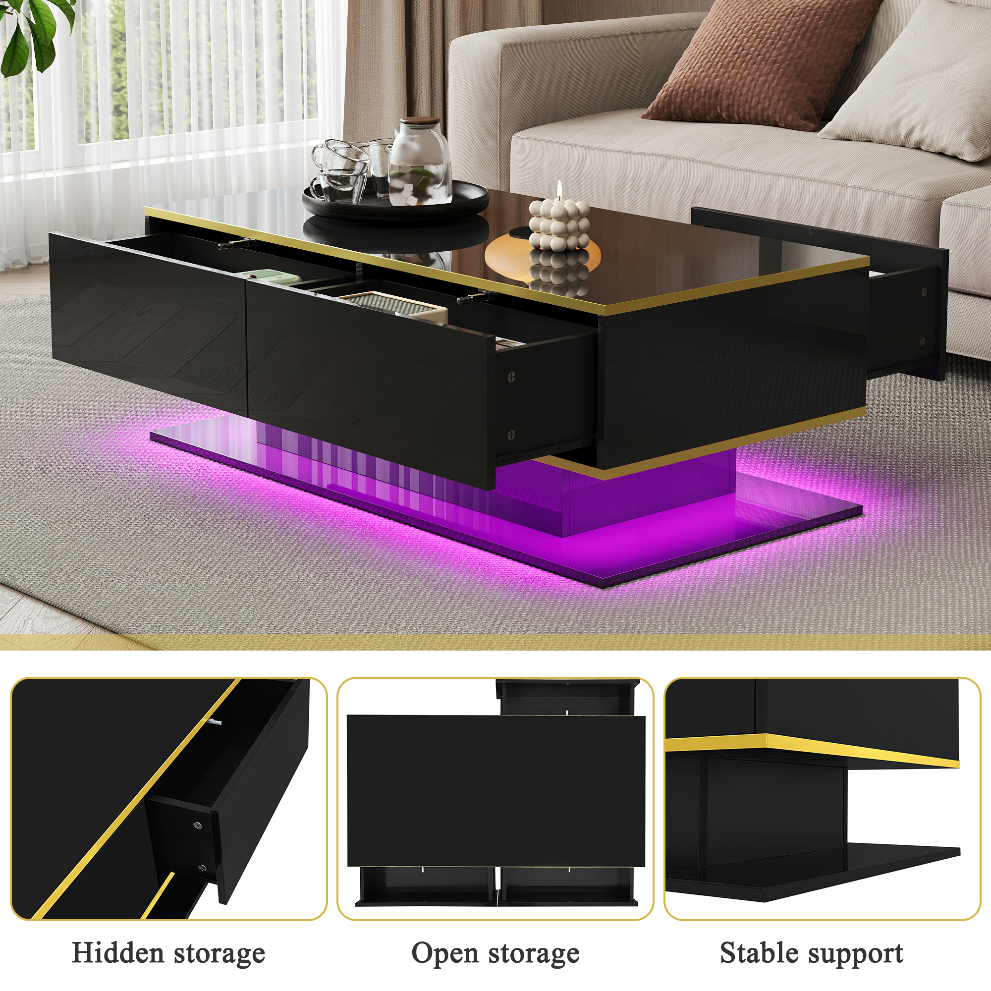 Modern LED Coffee Table With High-Gloss Finish, 100 Cm Length, Gold Accents, 3 — image 4