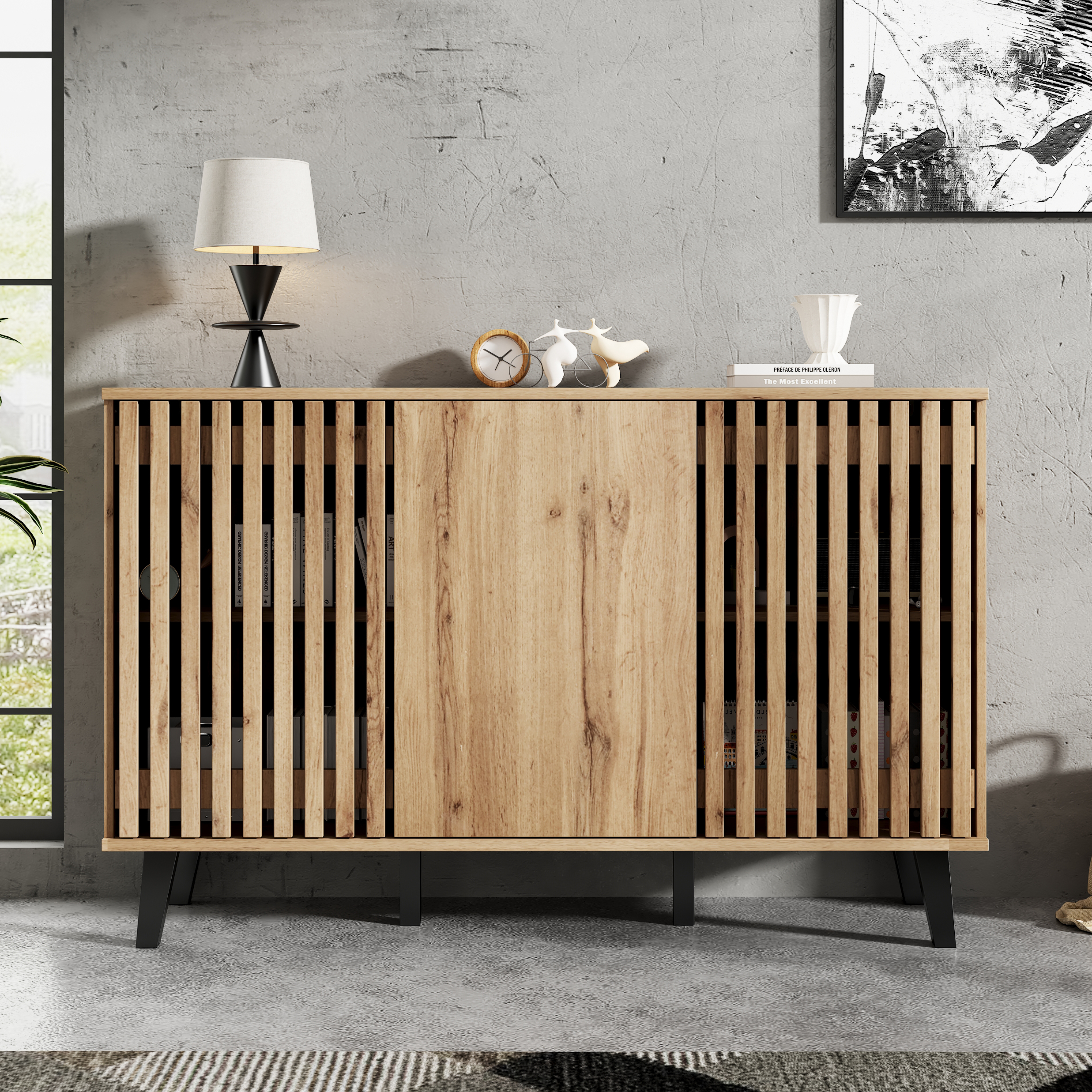 Modern Vintage Storage Cabinet, Sideboard Buffet With 3 Doors,  Side Cabinet, Unique Design, For Living Room, Bed Room, Kitchen,  Hallway, 150x40x95CM, Wood