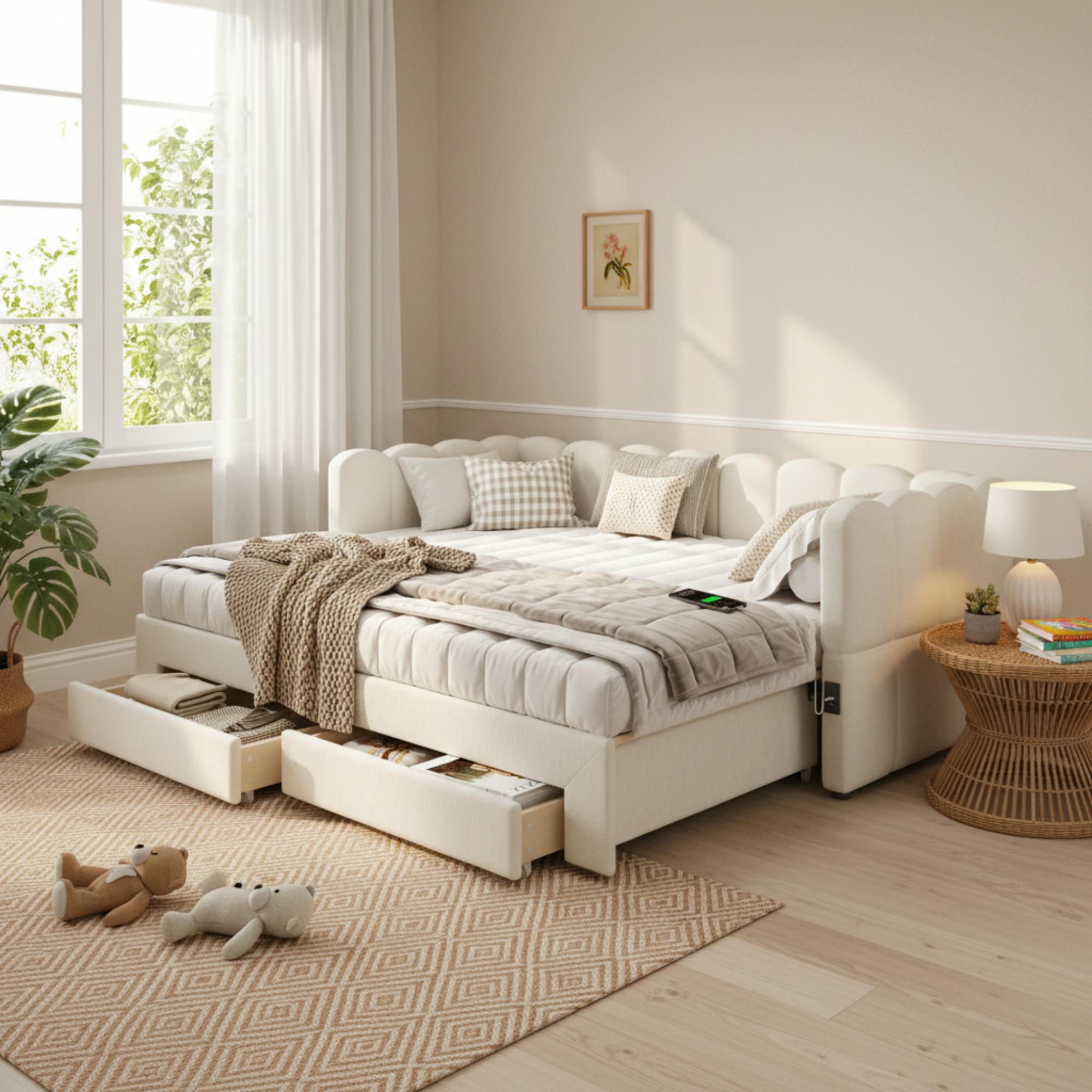 Upholstered Bed, Daybed, Sofa With 2 Drawers For Storage, 90x190 Cm, Extendable