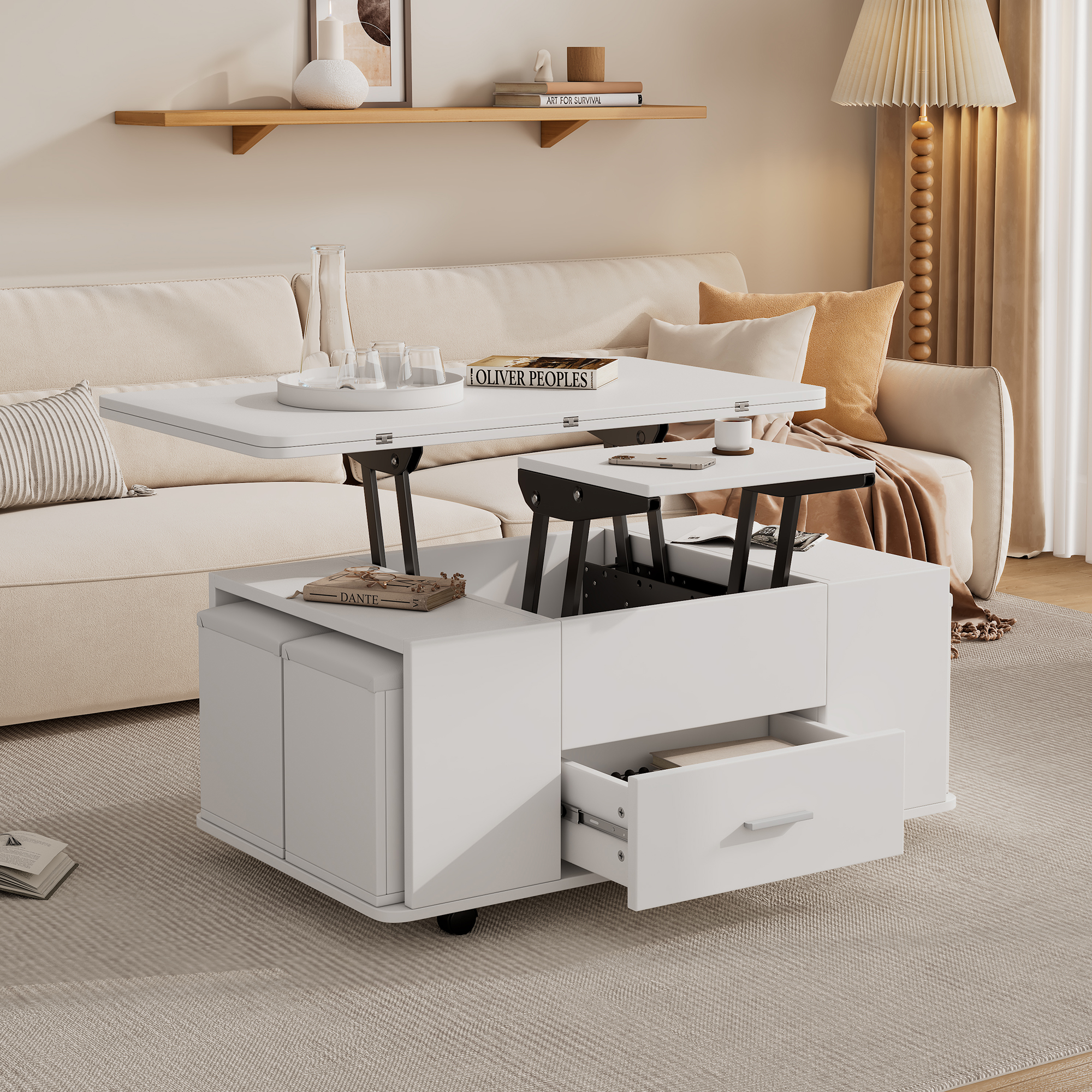 Lift Top Coffee Table With Wheels, Convertible Dining & Work 4 Stools, Hidden — image 2