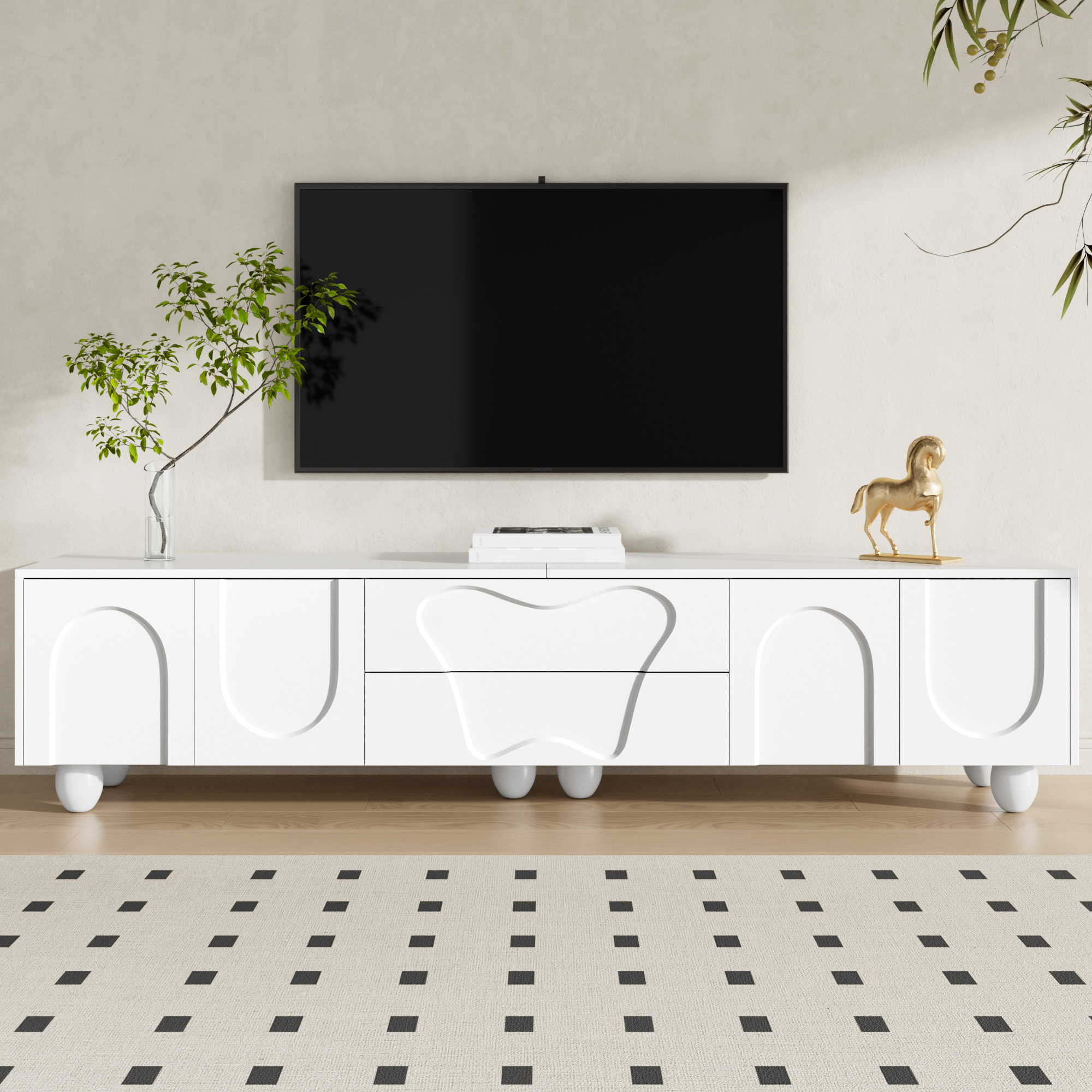 180 Cm White TV Cabinet With Wooden Legs A Minimalist And Elegant TV Ample — image 4
