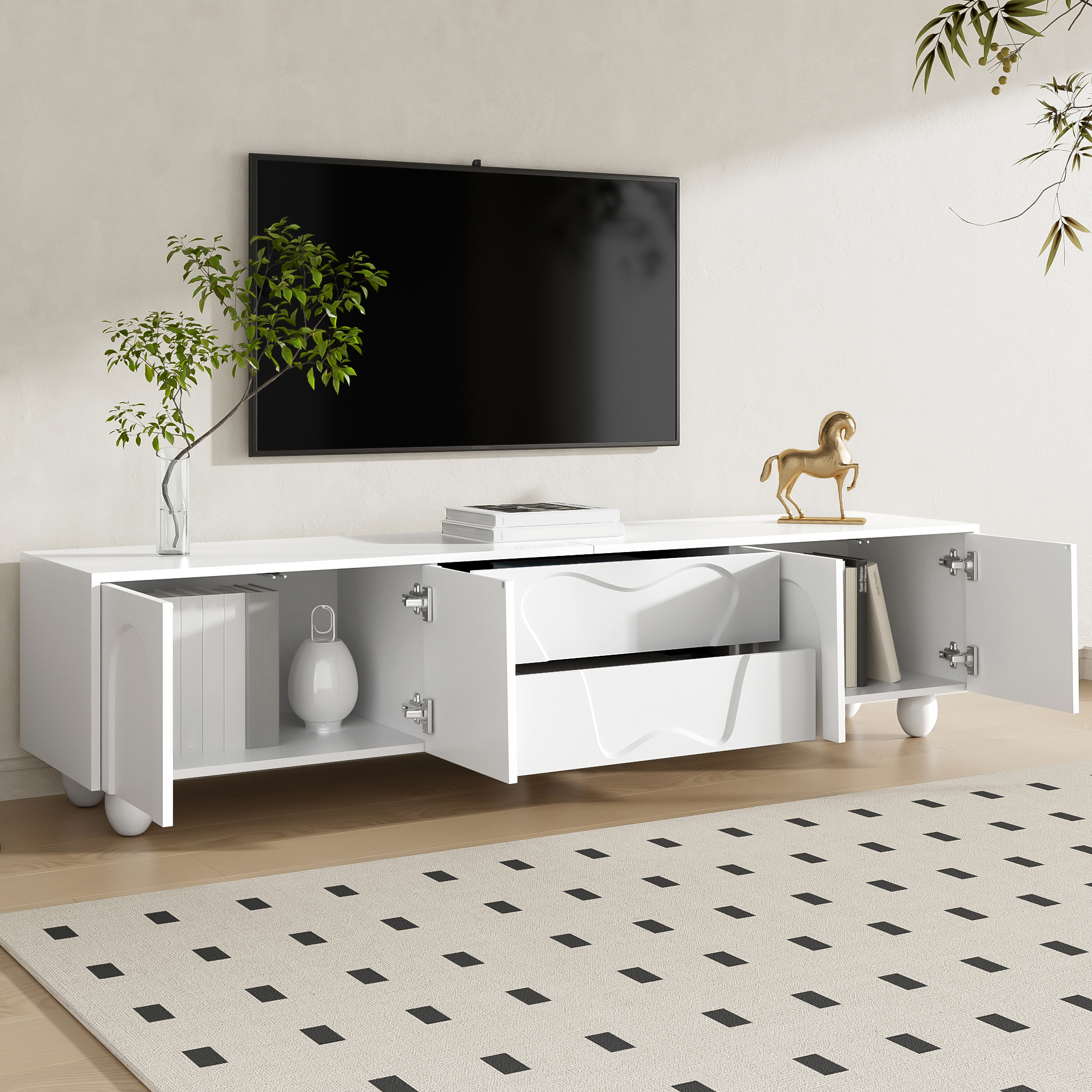 180 Cm White TV Cabinet With Wooden Legs A Minimalist And Elegant TV Ample — image 3