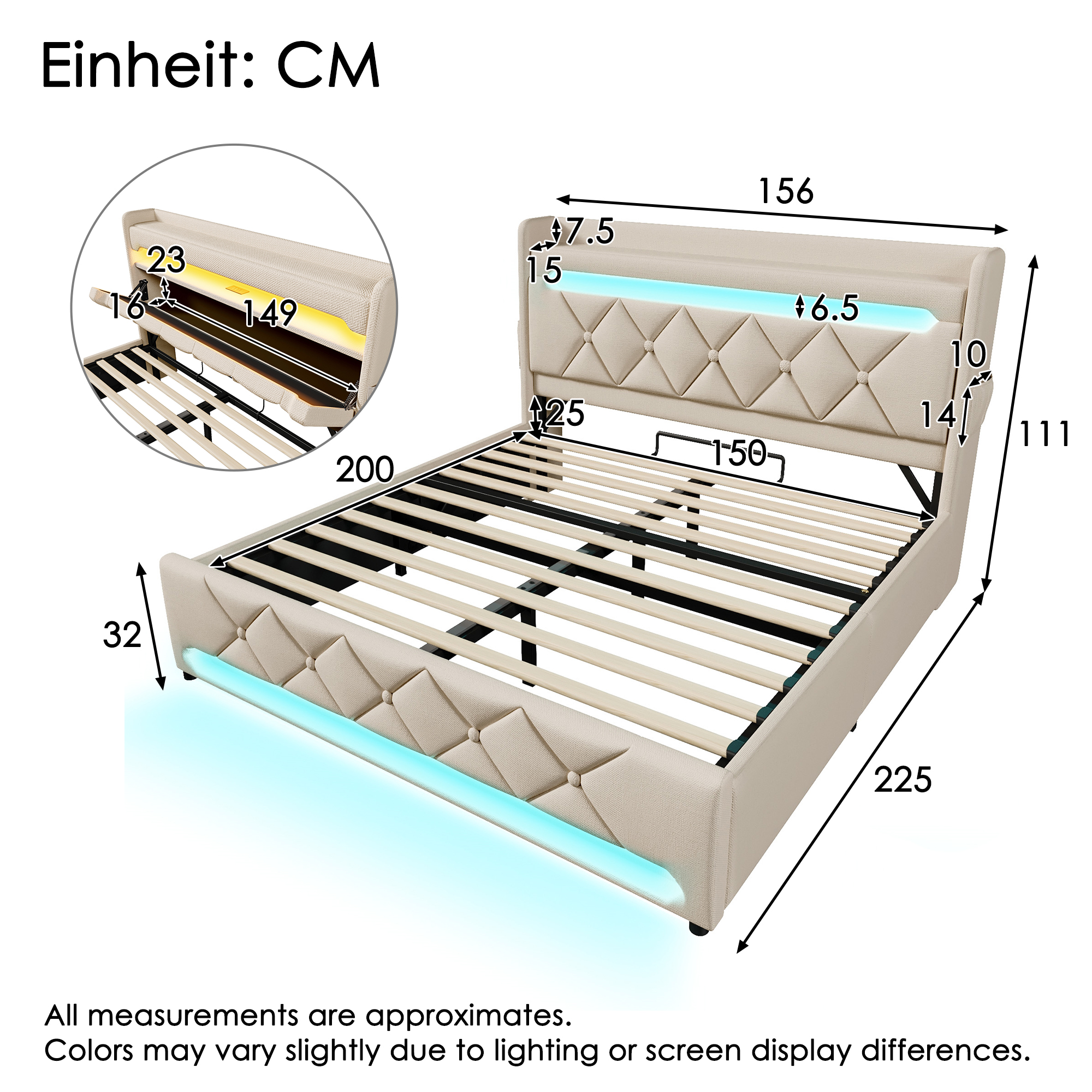 Upholstered Bed 150 X 200 Cm With LED Lighting, USB Type-C Charging, Storage Headboard For Cellphones And Tablets, 5ft Hydraulic Storage Bed With Metal Slatted Frame, Linen, Beige No Mattress