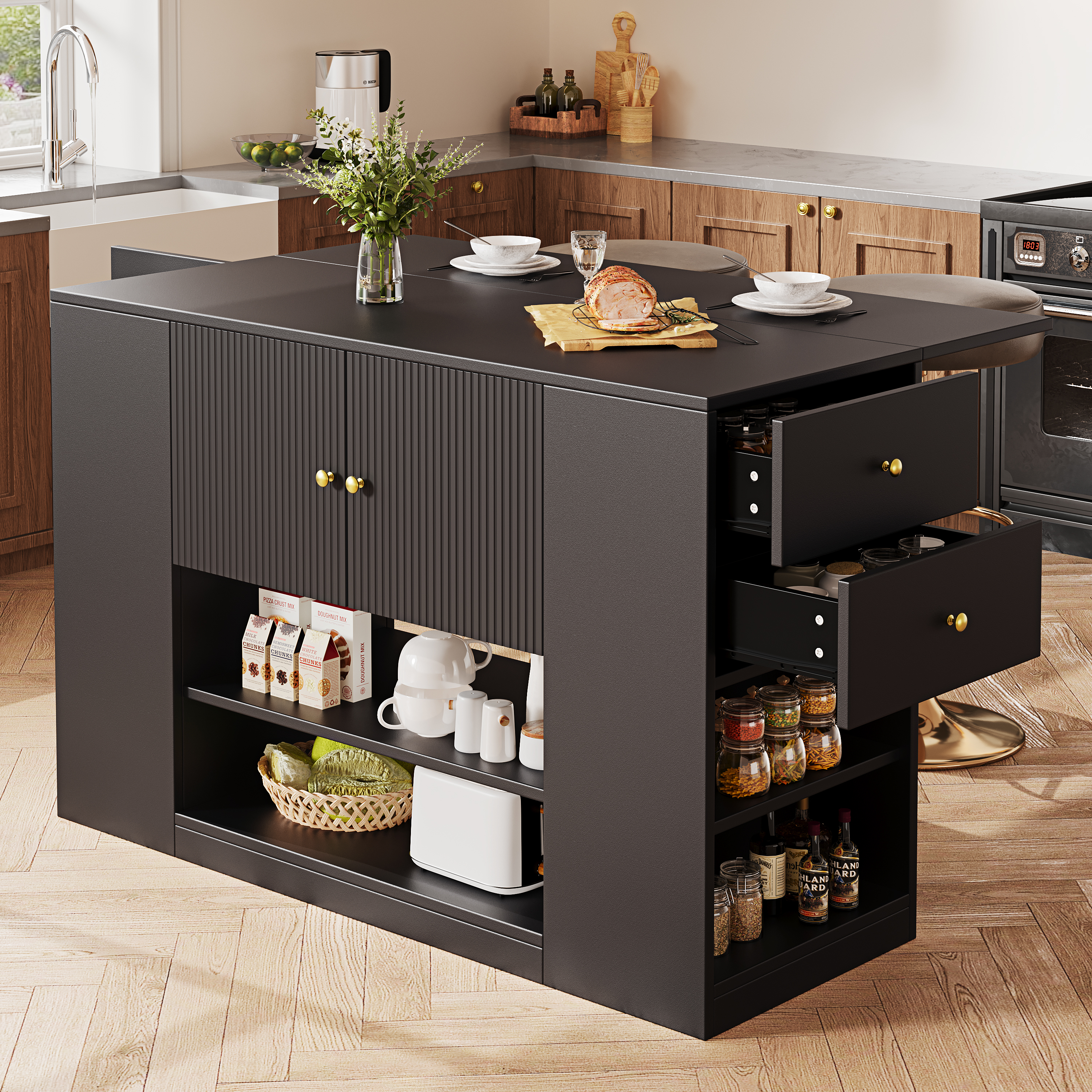 Modern Kitchen Island, Sideboard, Kitchen Cabinet With Drawers And Shelves, Sideboard For Kitchen & Dining Room, Black - Image 1