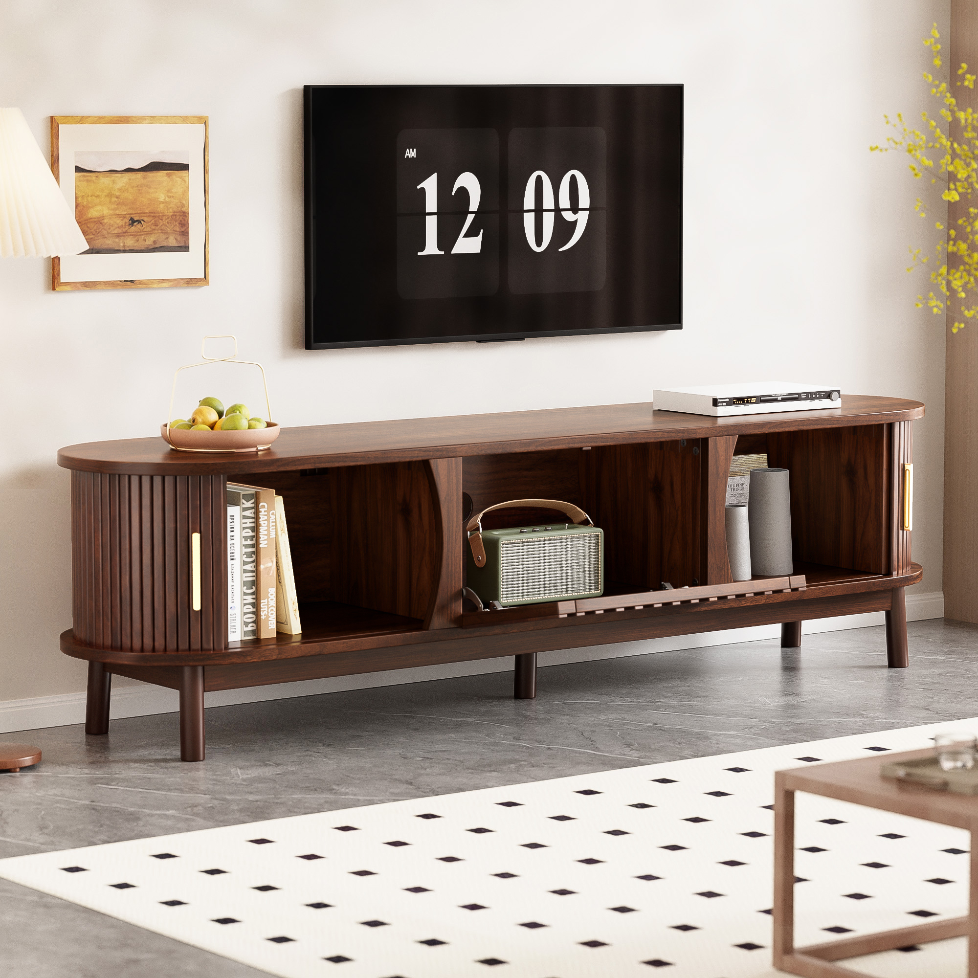 TV Stand With 2 Sliding Doors, 1Pull-down Door, Oval TV Cabinet Storage — image 4