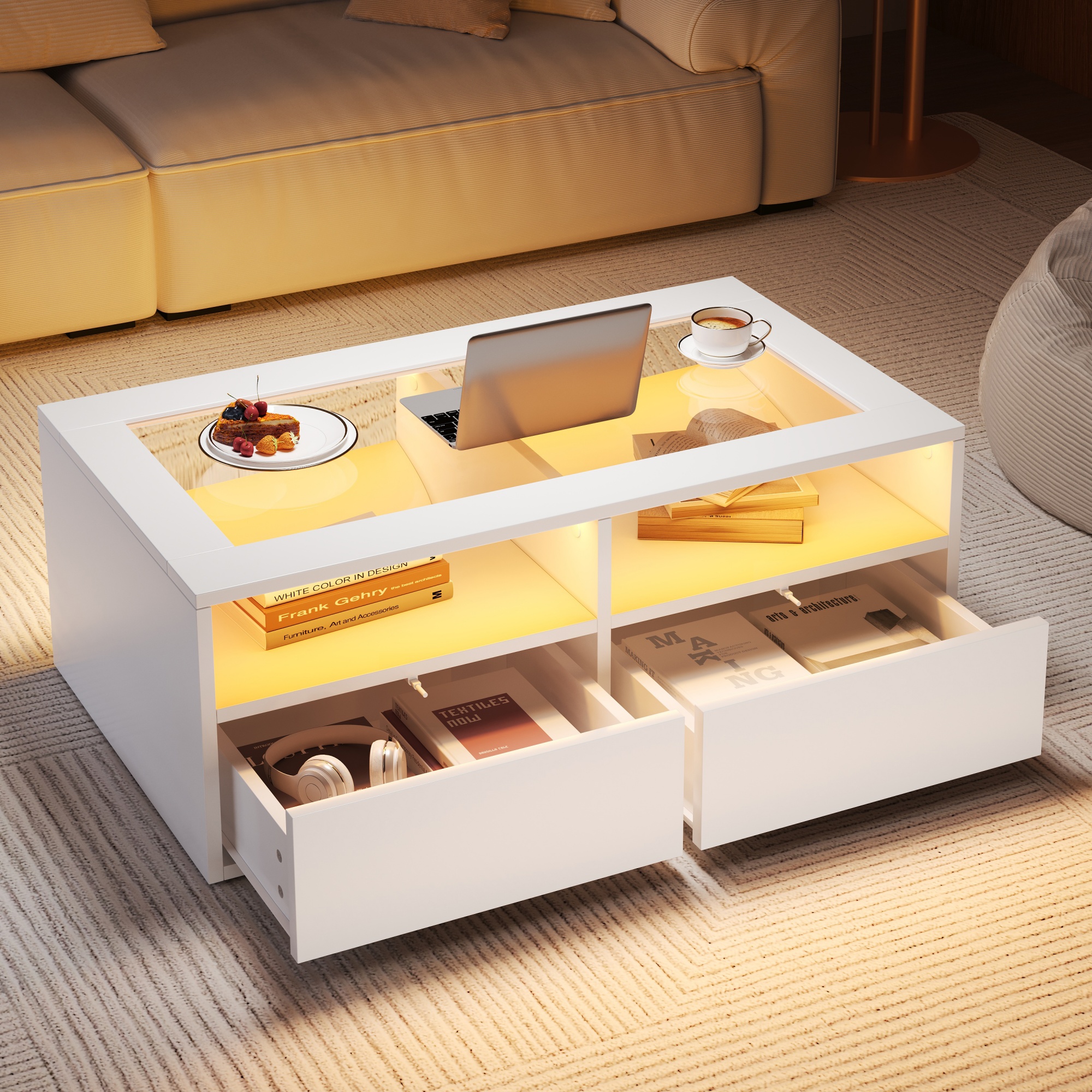Coffee Table With 2 Drawers, Open Storage, LED Lights, Centre Table With Glass Tabletop, Sofa Side Table , Tea Table For Living Room, Office, 100x50x35cm, White