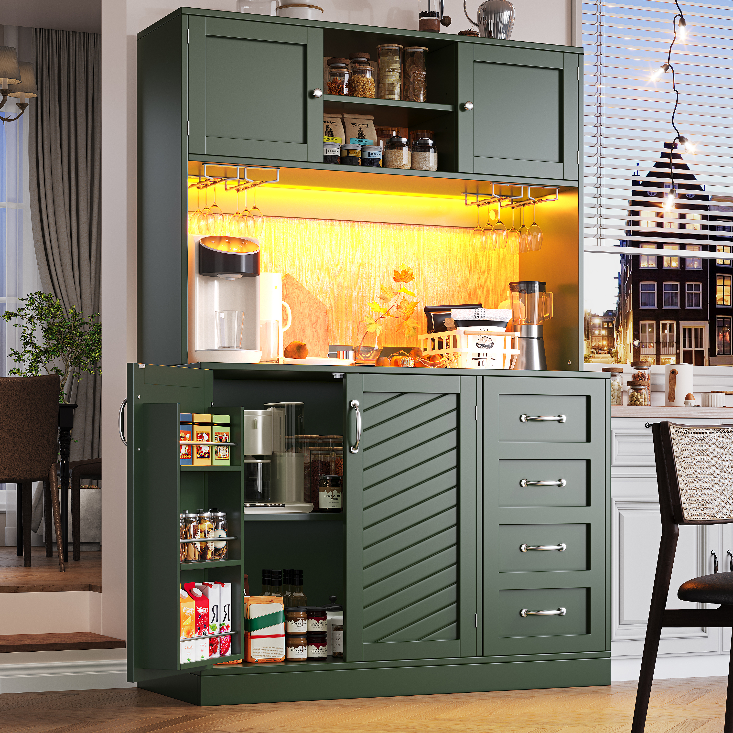 Sideboard Storage Cabinet  Kitchen Cabinet  Buffet Cabinet, 120x40x188cm, With LED Lighting, Snack Rack & Drink Holders, 4 Doors & 2 Large Drawers, Green White - Image 1