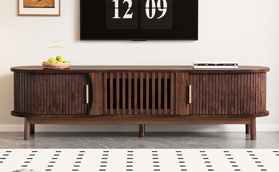 TV Stand With 2 Sliding Doors, 1Pull-down Door, Oval TV Cabinet Storage — image 5