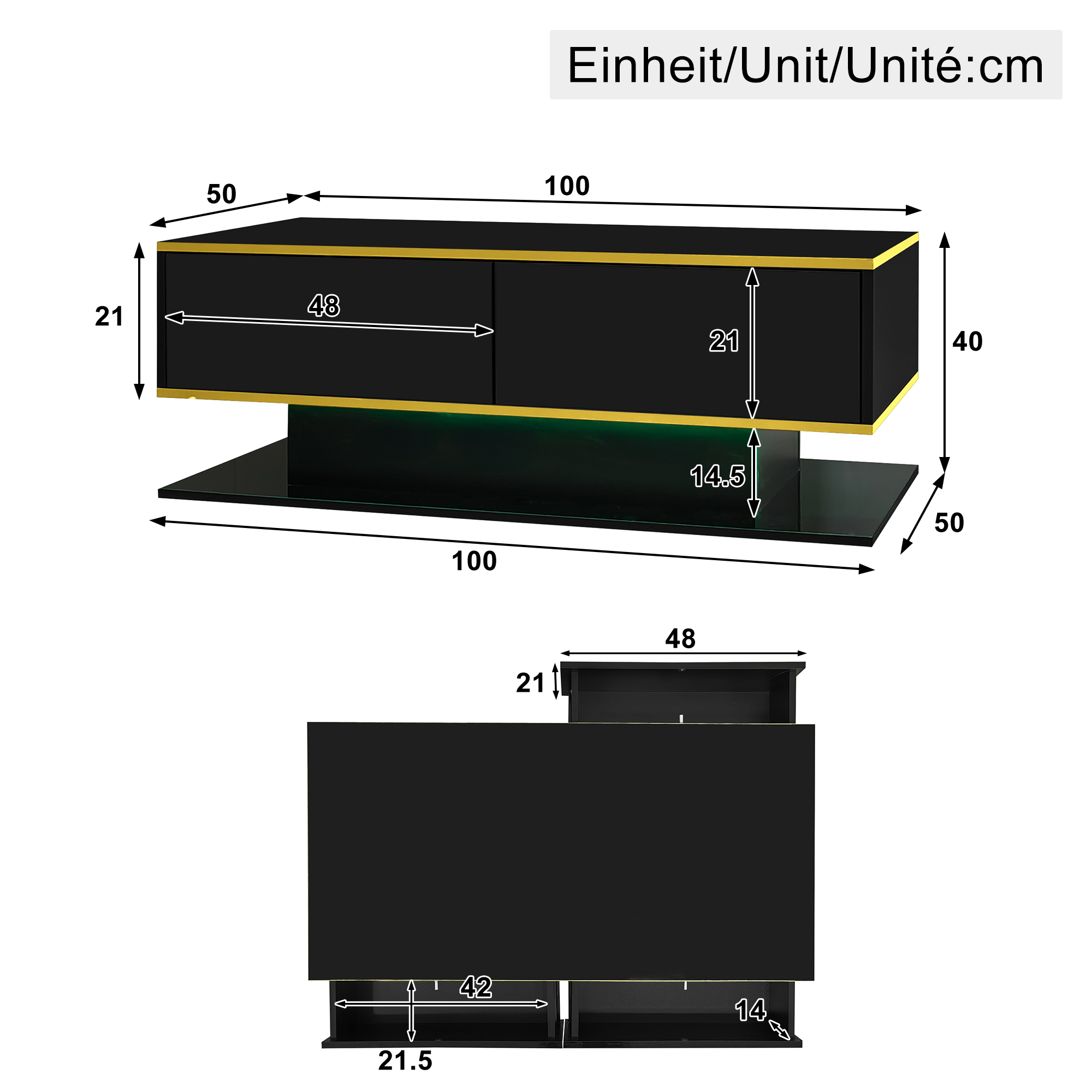 Modern LED Coffee Table With High-Gloss Finish, 100 Cm Length, Gold Accents, 3 — image 5