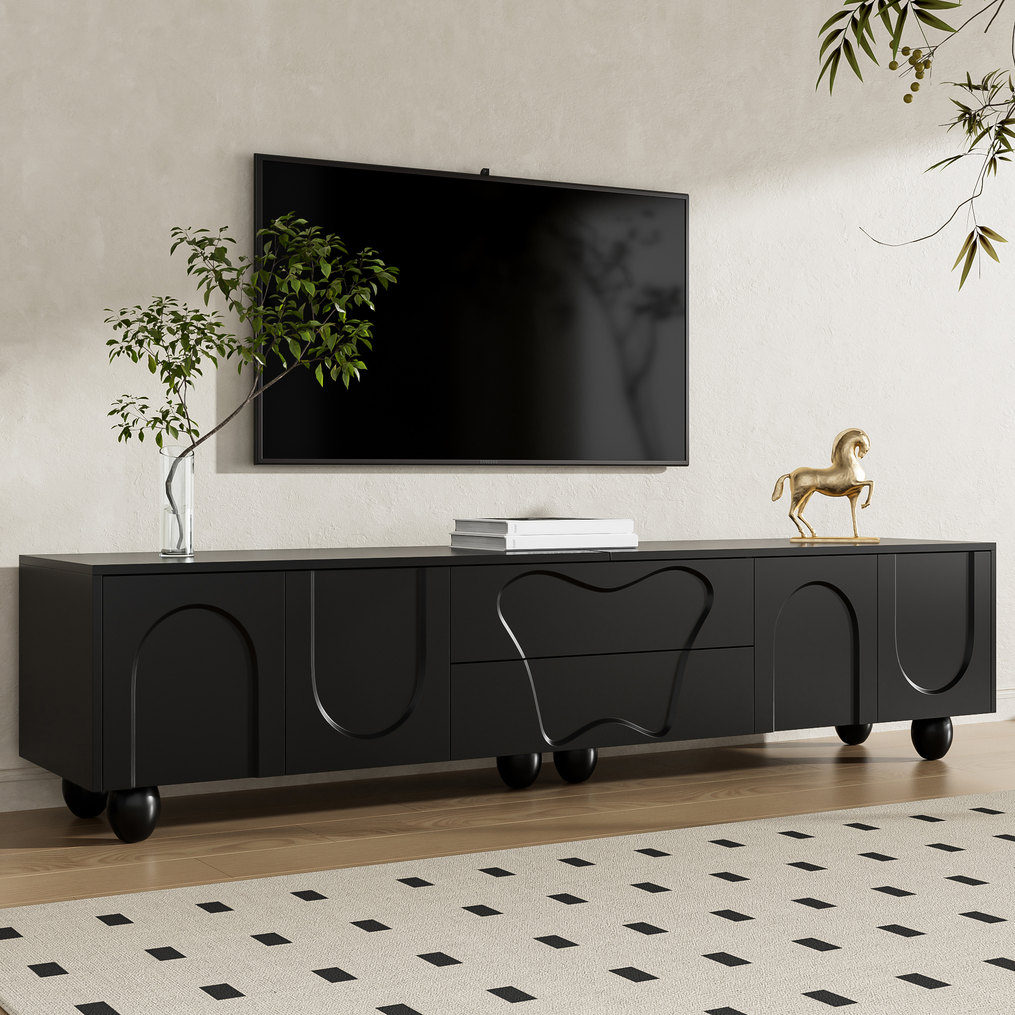 180 Cm Black TV Cabinet With Wooden Legs A Minimalist And Elegant TV Ample — image 2