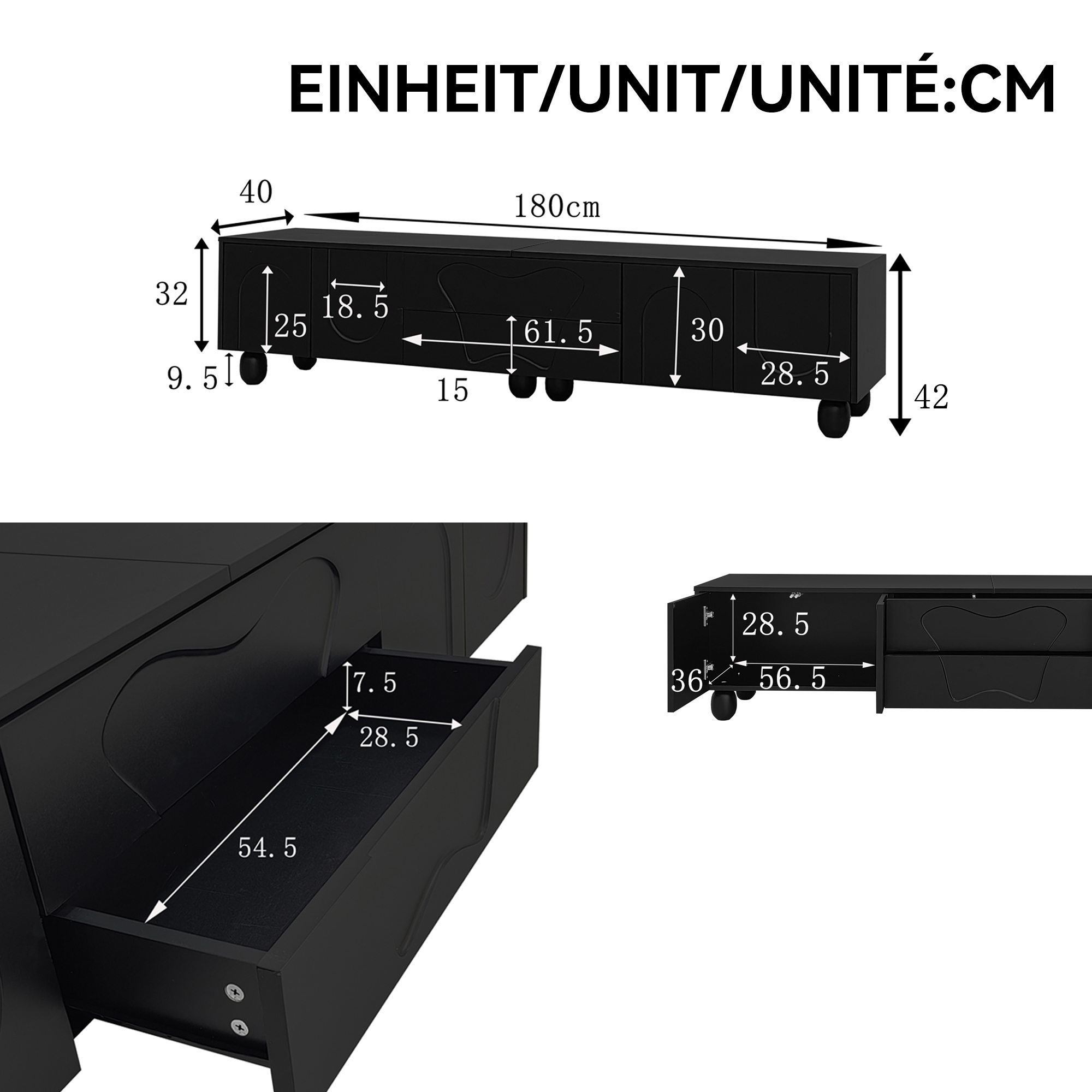 180 Cm Black TV Cabinet With Wooden Legs A Minimalist And Elegant TV Ample — image 3