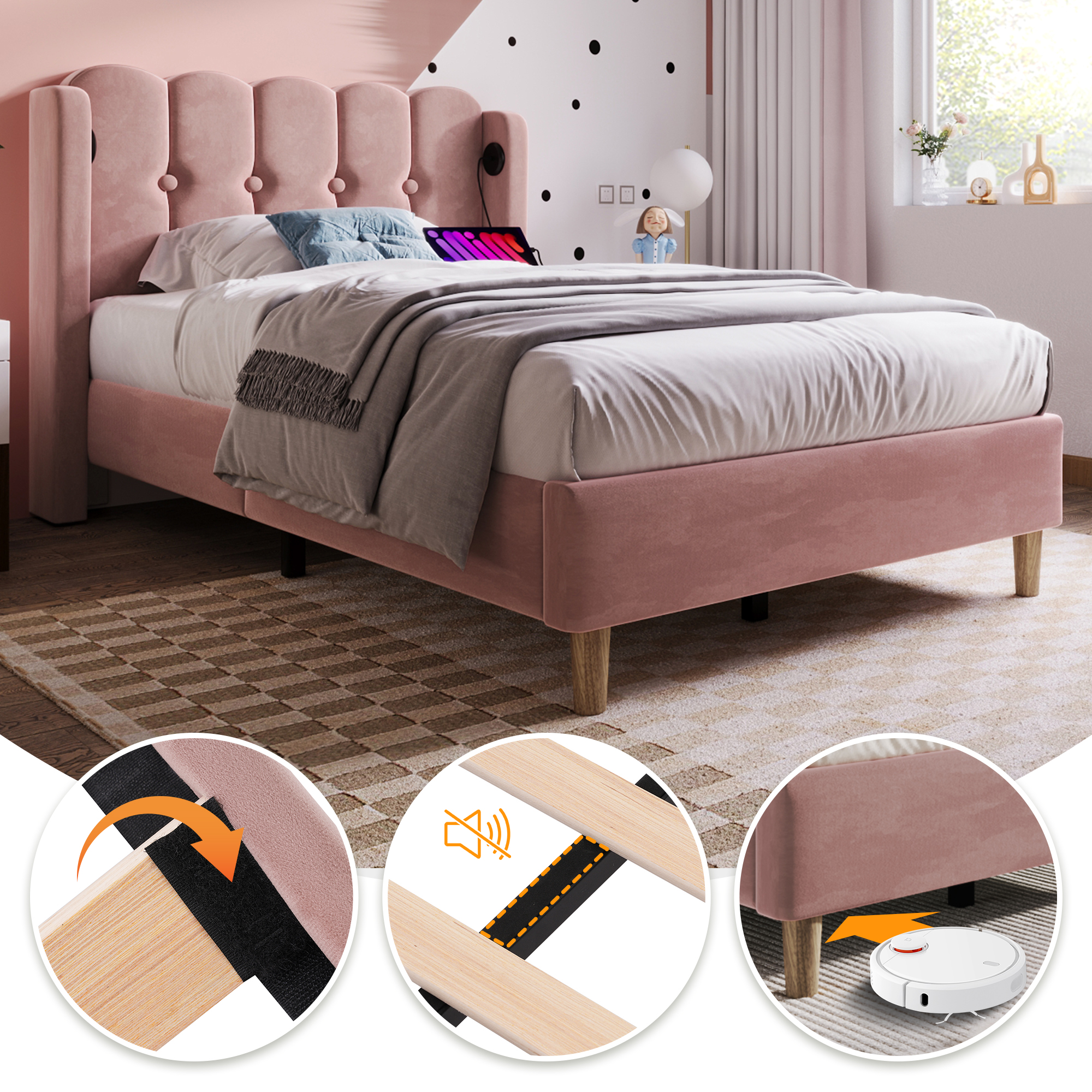 Upholstered Single Bed With USB And Type-C Charging, Bed Frame With Wooden Slatted Frame, Teenager Bed For Bedroom & Guest Room,3ft 90x 190 Cm Bed Frame, Pink, Velvet Material No Mattress