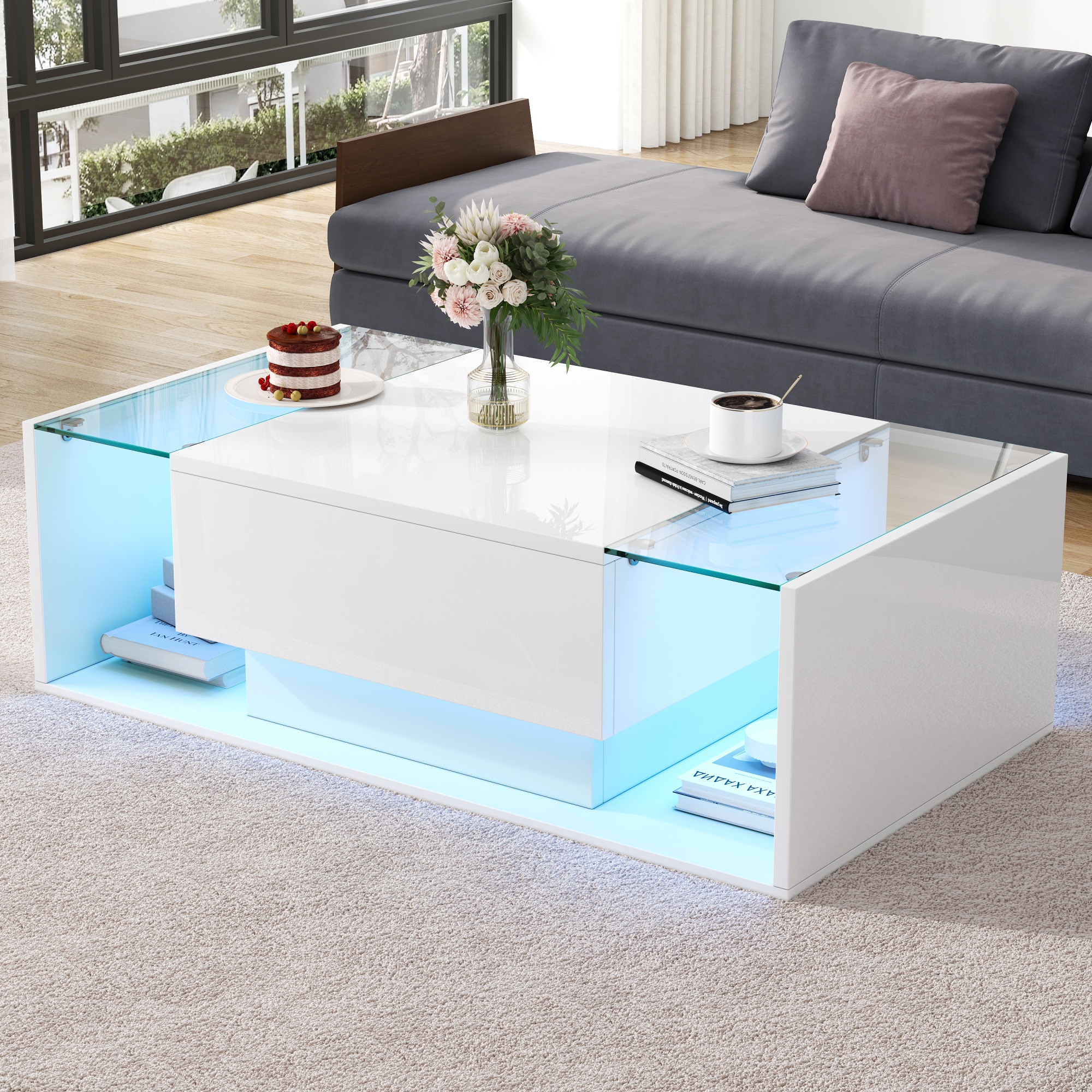 High Gloss Coffee Table With Open Storage, 1 Drawer, LED Lights, Centre Glass — image 3