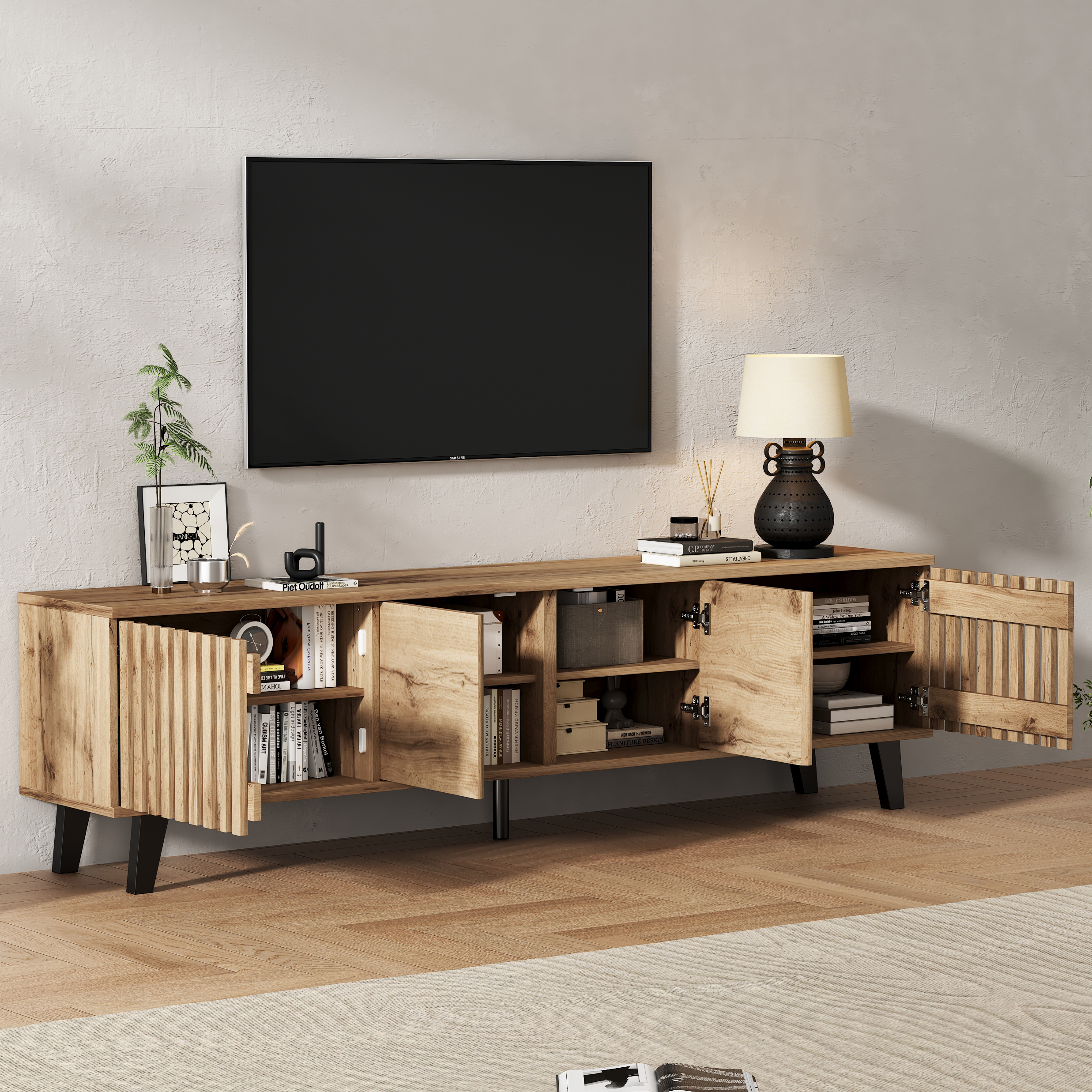 Modern Vintage TV Stand With 4 Doors, TV Cabinet Storage Sideboard Unique — image 5