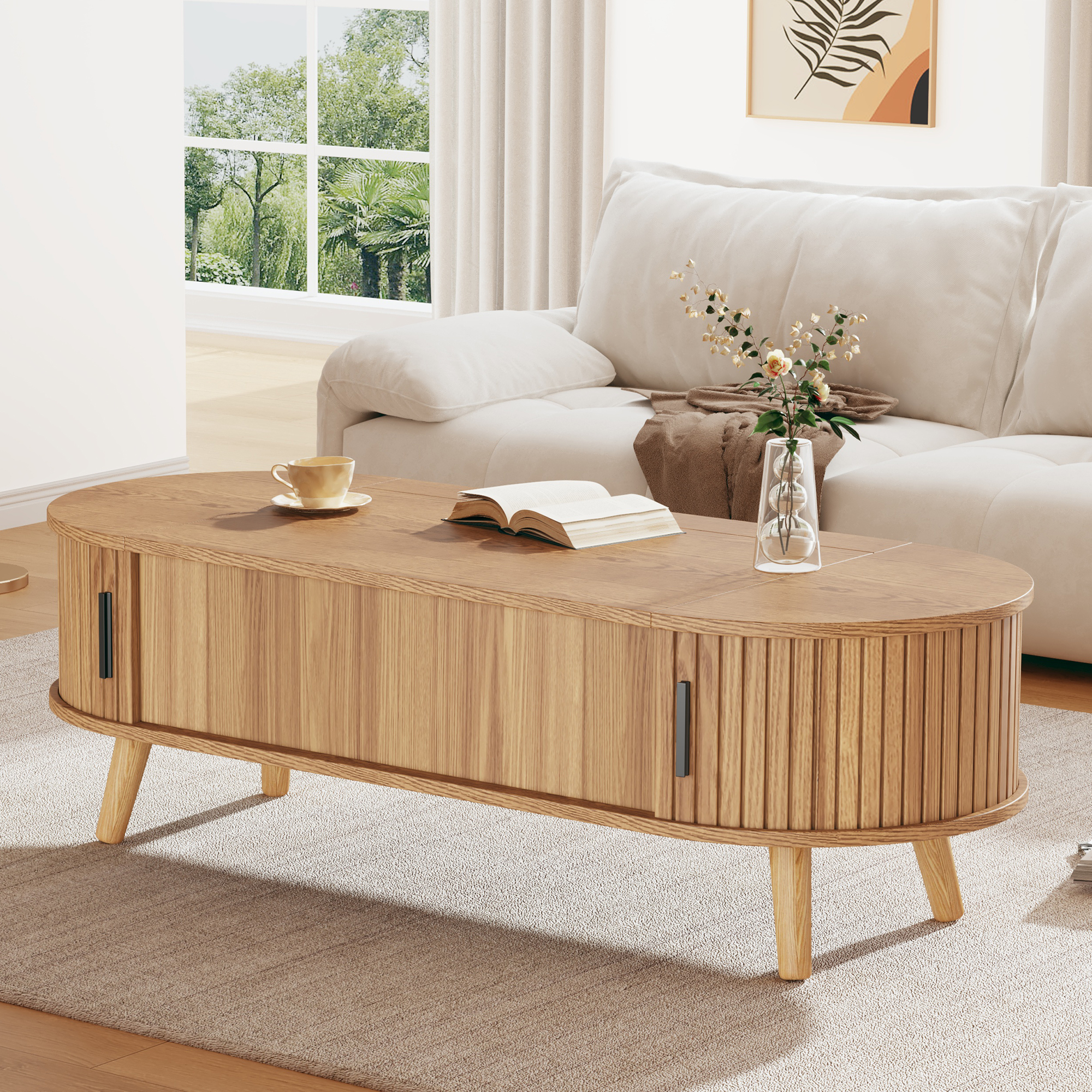 Lift Up Oval Coffee Table With Hidden Storage, Centre Lifting Sofa Side — image 4