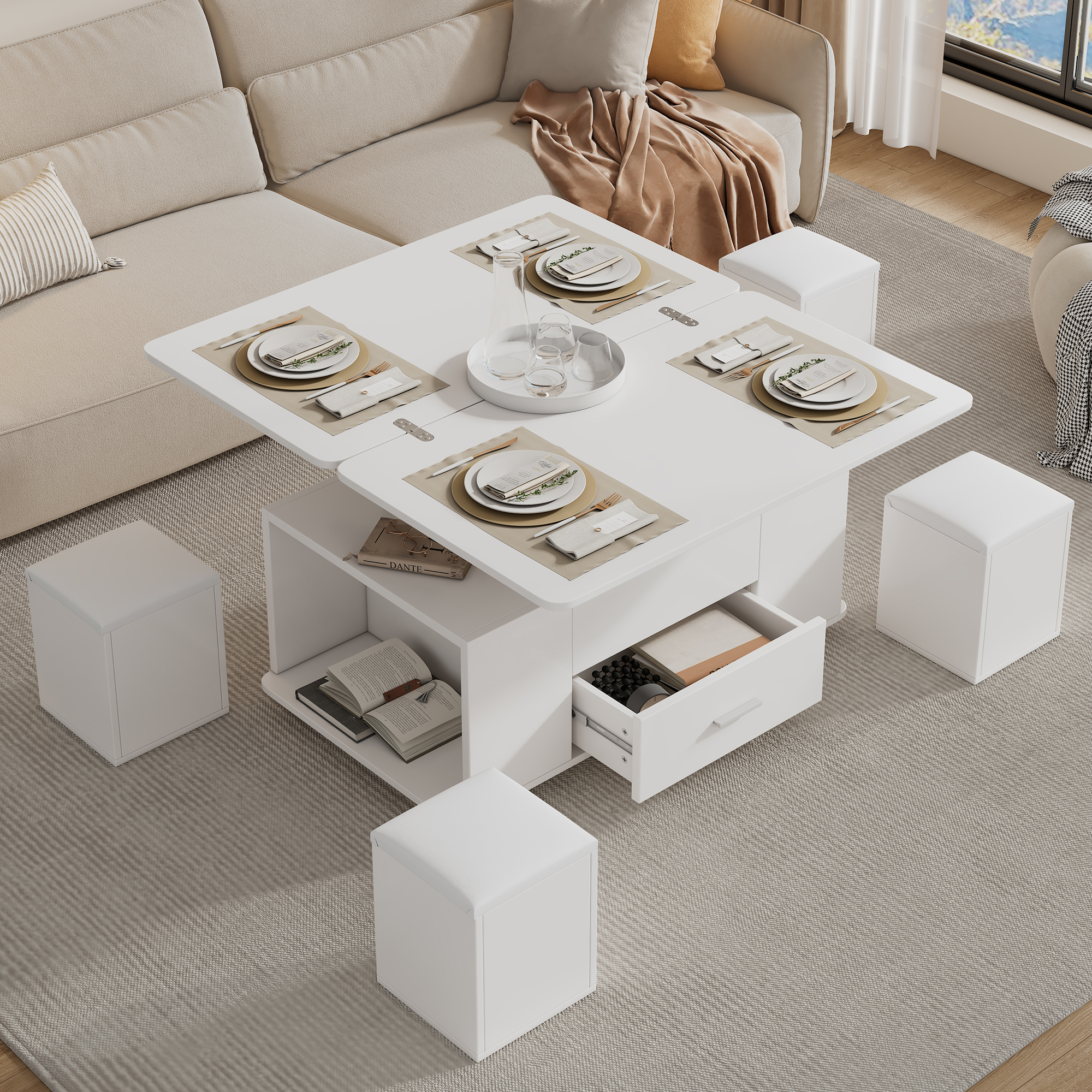 Lift Top Coffee Table With Wheels, Convertible Dining & Work 4 Stools, Hidden — image 3