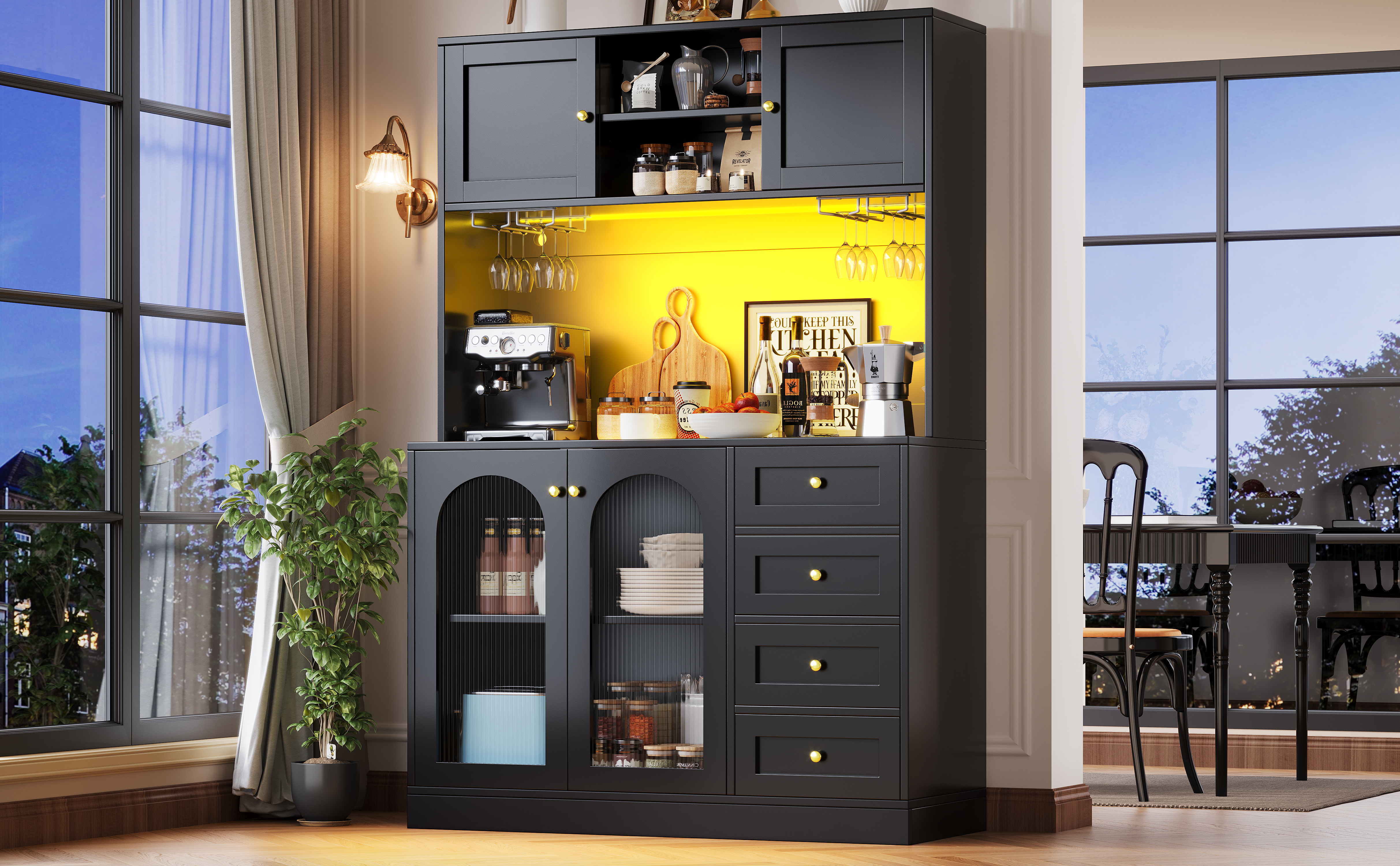 Sideboard  Storage Cabinet  Kitchen Cabinet Buffet Cabinet, 120x40x188cm, Farmhouse Style, 4 Doors, With LED Light Strip & Drink Holders, Black White Fluted Glass Doors