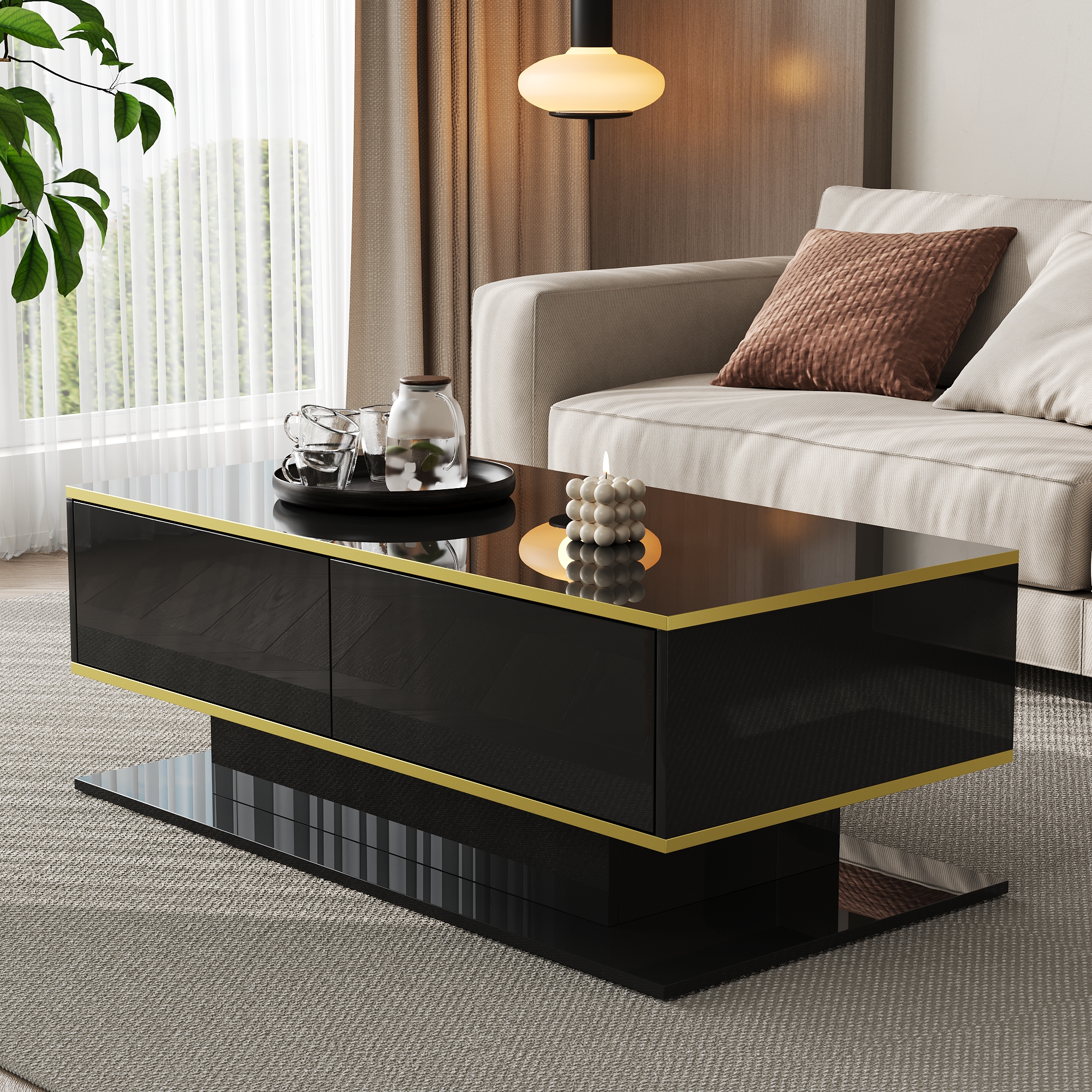 Modern LED Coffee Table With High-Gloss Finish, 100 Cm Length, Gold Accents, 3 — image 3
