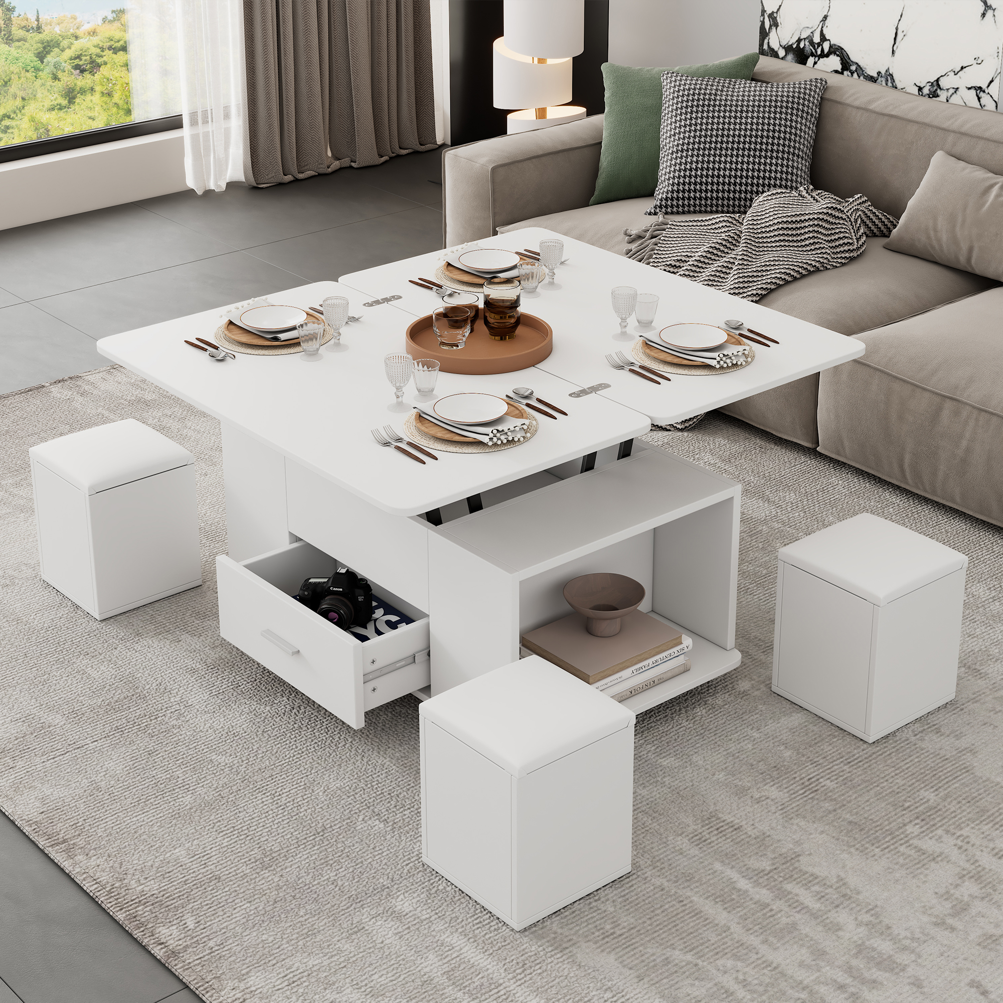 Lift Top Coffee Table With Wheels, Convertible Dining & Work 4 Stools, Hidden — image 4