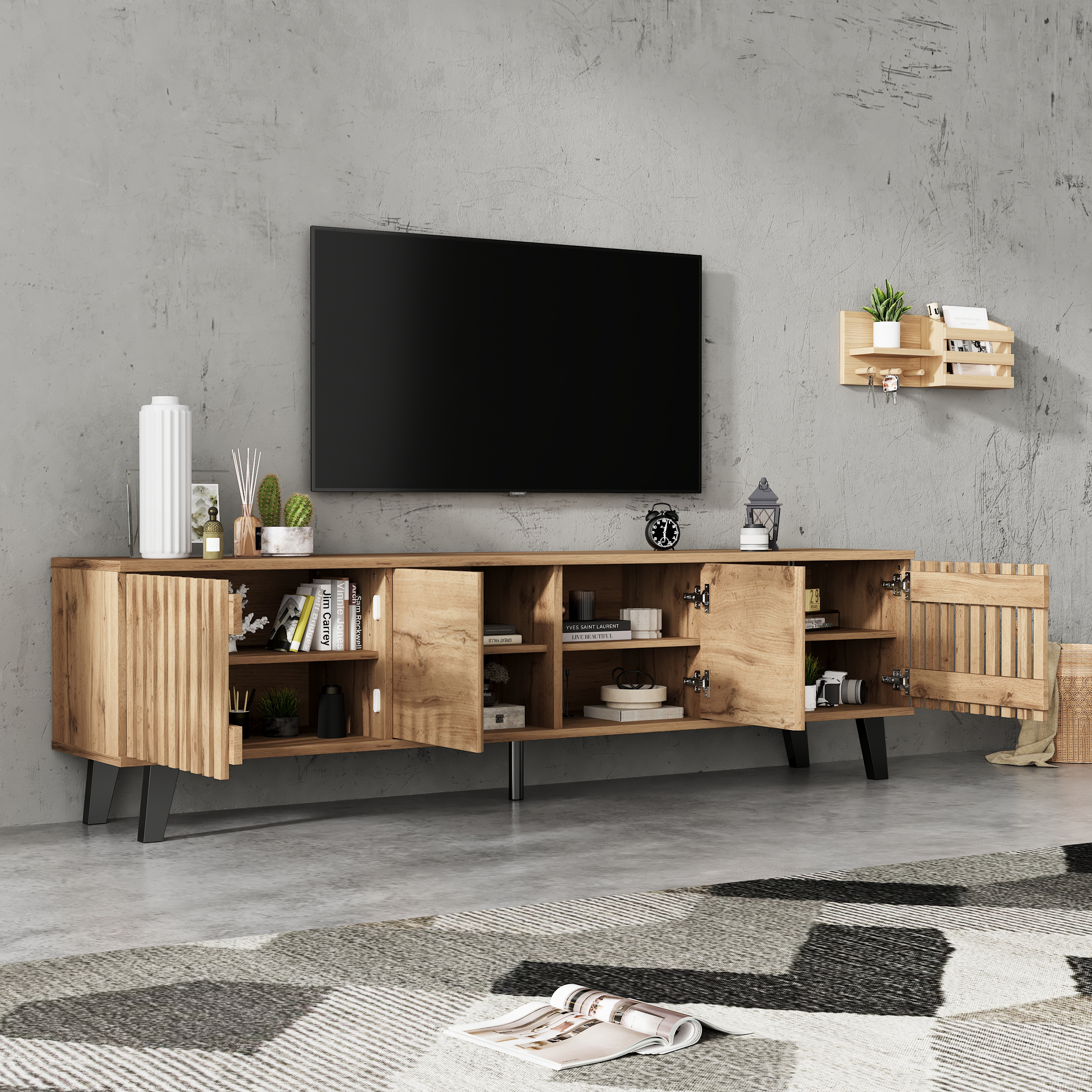 Modern Vintage TV Stand With 4 Doors, TV Cabinet Storage Sideboard Unique — image 2