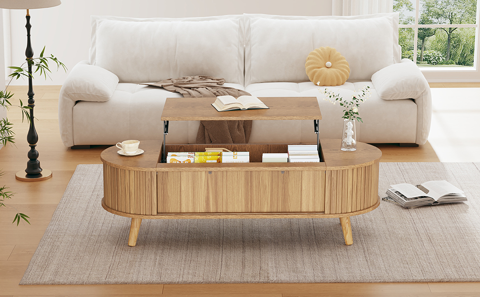 Lift Up Oval Coffee Table With Hidden Storage, Centre Lifting Sofa Side — image 2
